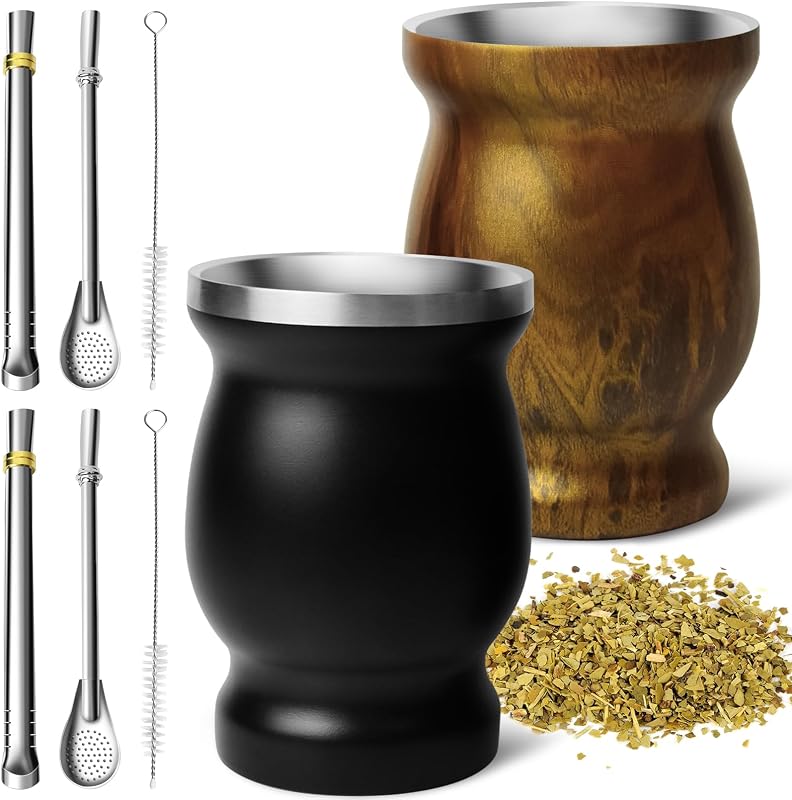 Artcome Juego de tazas de yerba mate de acero inoxidable de 8 piezas: 2 tazas de mate de doble pared de acero inoxidable de 8.5 oz (negro y madera), 4 bombillas (pajita de yerba mate), 2 cepillos, fácil de limpiar, sólido y duradero | 2 vasos mate de doble pared de acero inoxidable de 8.5 oz, 4 bombillas (pajita de yerba mate), 2 cepillos, fáciles de limpiar, sólidos y duraderos
