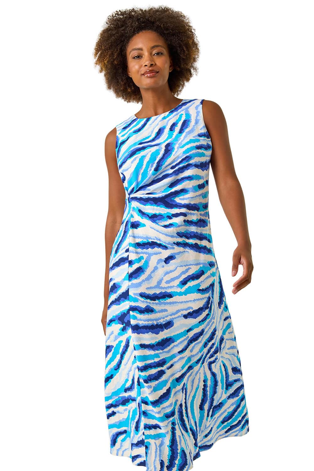 Roman Originals Abstract Side Pleat Midi Dress for Women UK - Ladies Everyday Holiday Spring Summer Round Neckline Comfy Soft Evening Vacation Work Party - Blue - Size 16