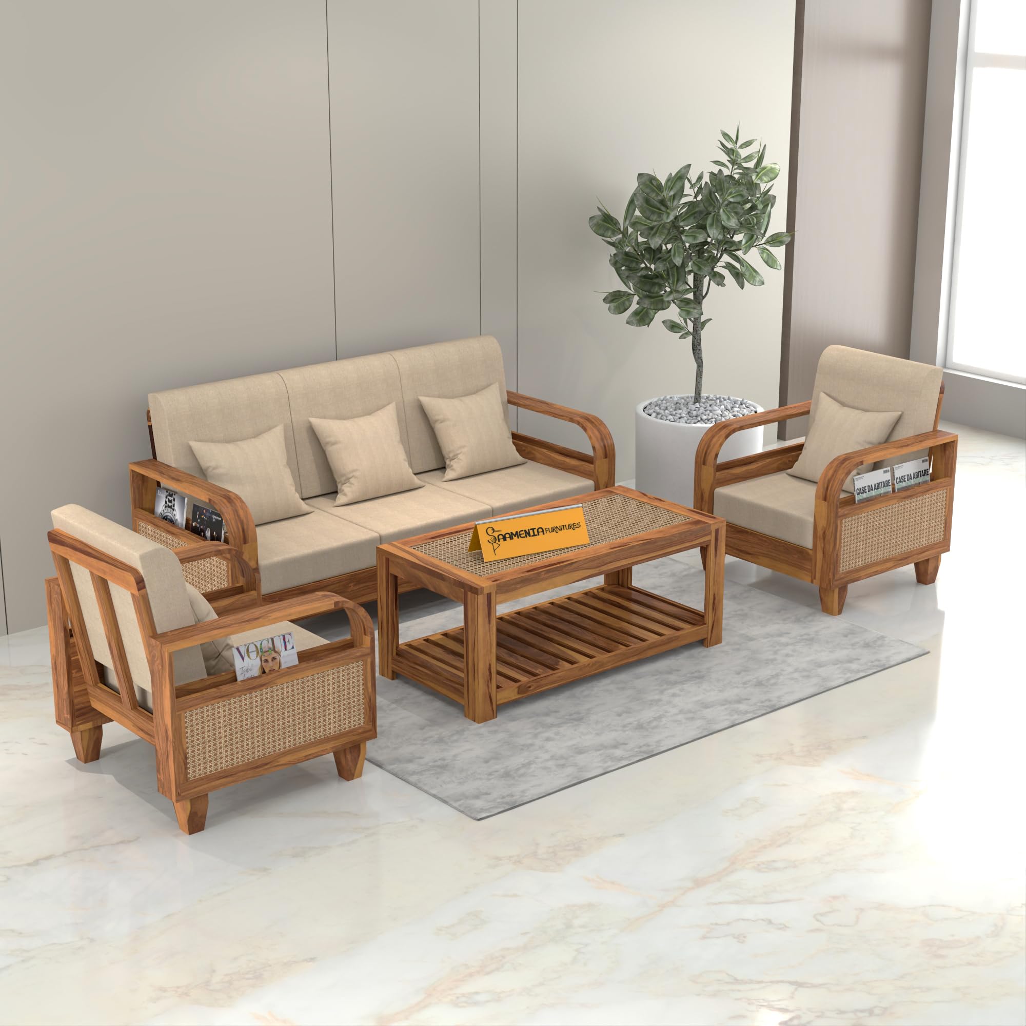 NEW MAMTA CRAFT Sheesham Wooden 5 Seater Sofa for Living Room | Solid Wood Sofa with Rattan Cane Side Rack | Rosewood Sofa Set for Home & Office | Lounge (Honey, 3+1+1 Seater)