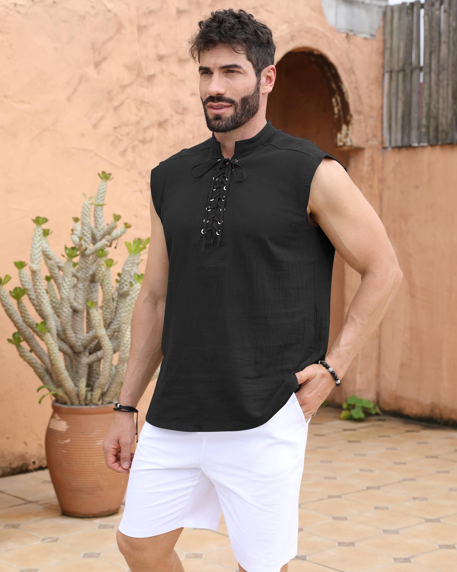 NANAMEEI Chemise Medievale Homme sans Manches en Lin et Coton Costume Pirate Vintage Col Mao Tunique Lacet Viking