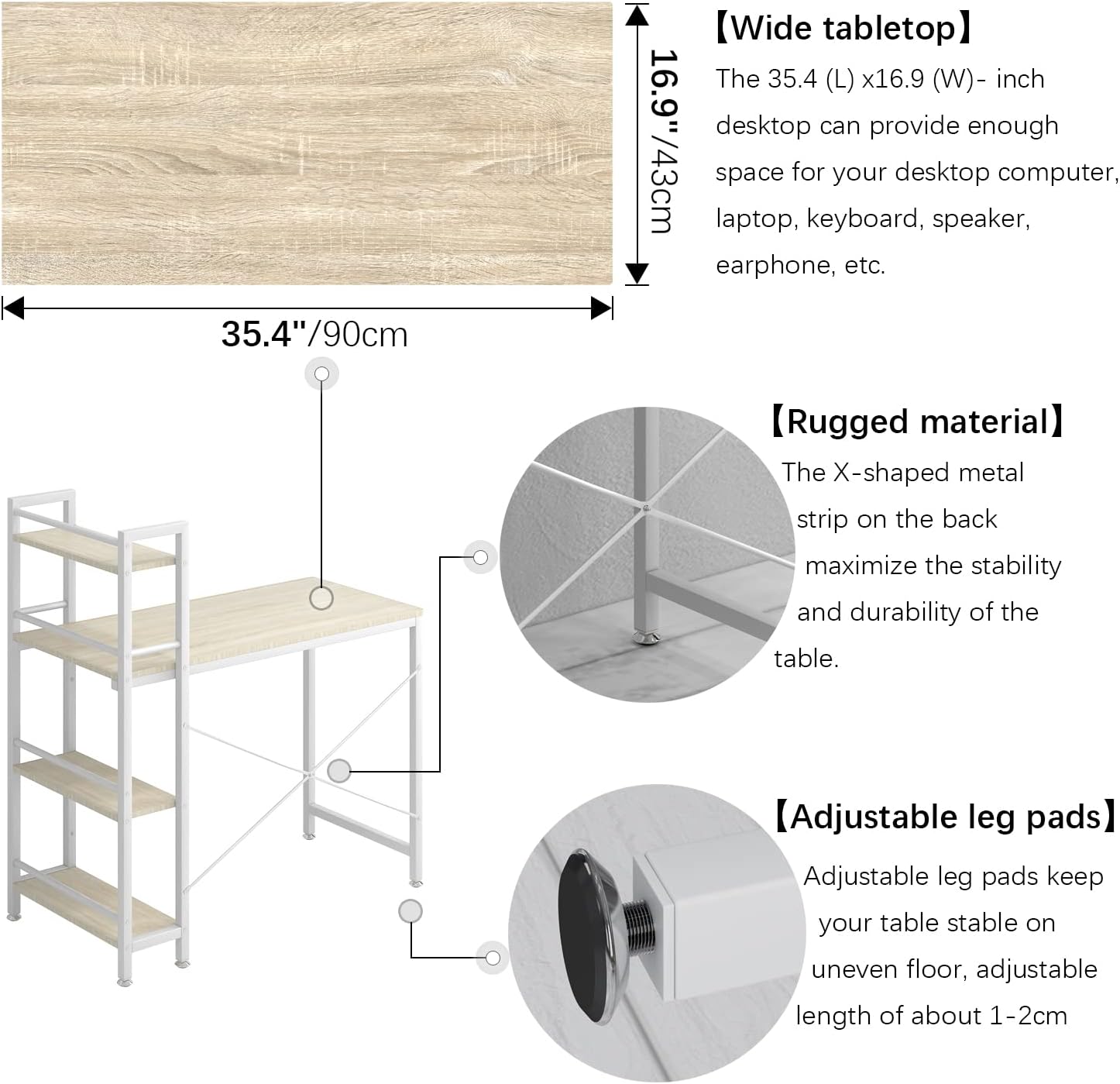 4NM 35" Small Computer Desk with 4-Tier Bookshelf, Home Office Desk Writing Workstation Study Table Multipurpose for Small Space Work - Natural and White