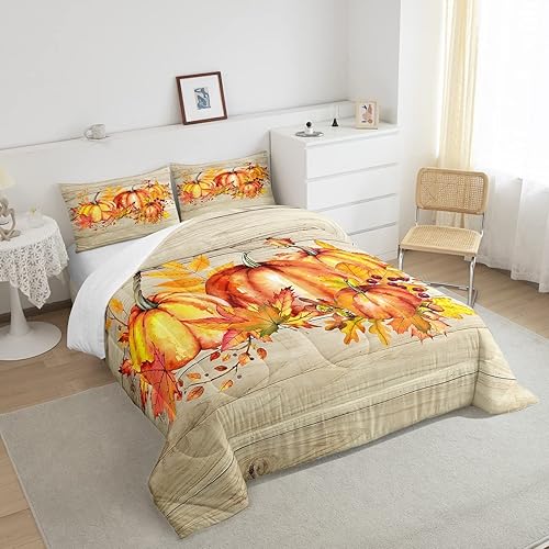 Miniatura 4 de Juego de edredón de cosecha de otoño con diseño de hojas de granja y calabaza, juego de ropa de cama rústica con puerta de granero, diseño de arce
