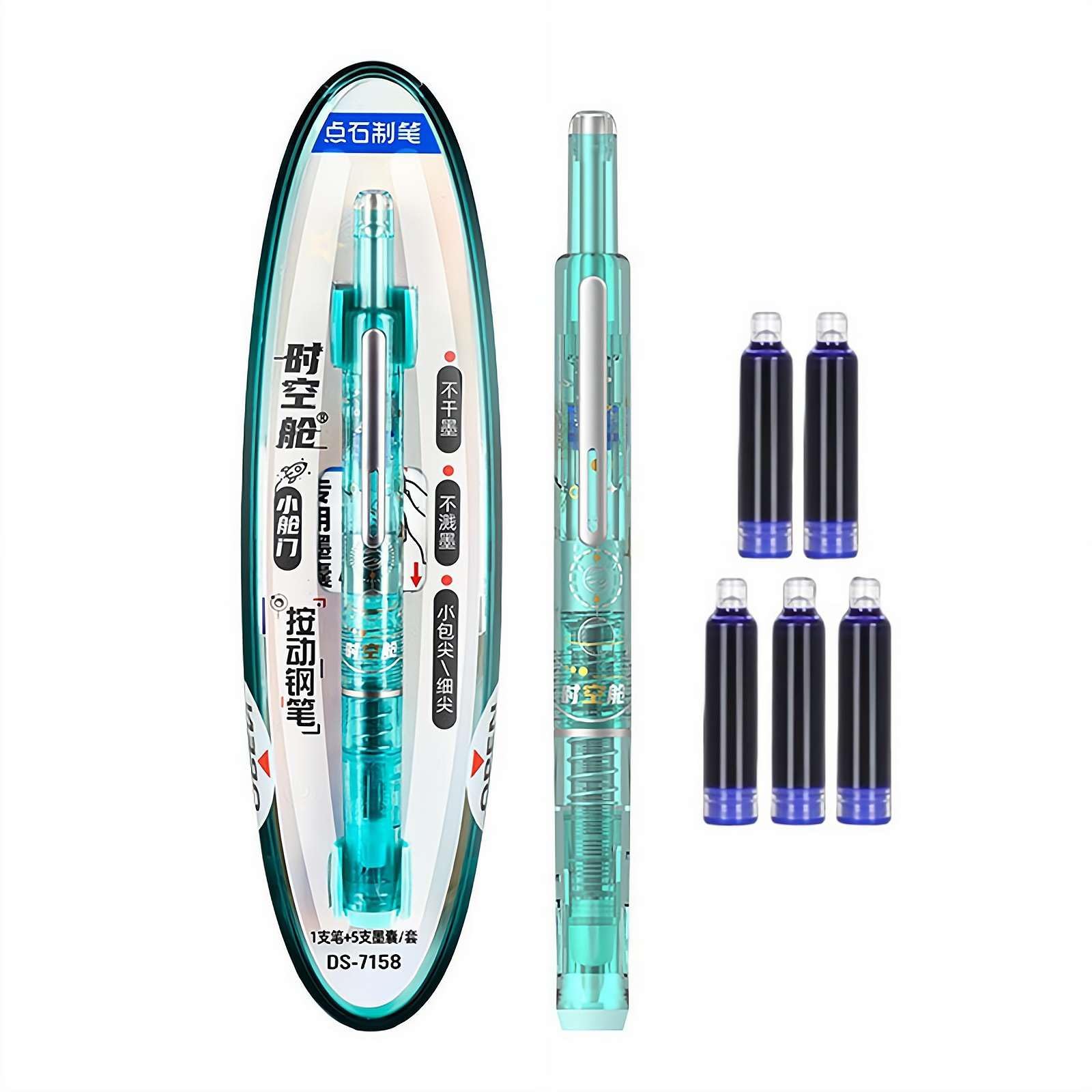 Portable Retractable Fountain Penble, Blue&black Ink Transparent Barrel Includes 5 Refillable Ink Cartridges, Medium Nib Transparent Barrel for Smooth Writing No Leaking, InkBlue