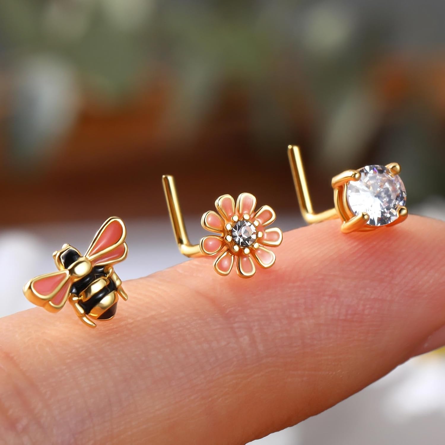 CM Crareesi Mania Bee Nose Studs 316L Stainless Steel Nose Rings Stud Pack 20 Gauge Gold Nose Piercing Jewelry L Shaped Nose Rings for Women - Image 5