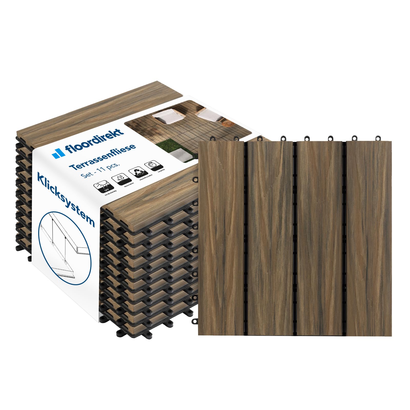 Floordirekt Brown Patio Tiles With Click System For Outdoors, Balcony & Patio Floor, Weatherproof With Drainage Function, Wpc Click Tiles, Patio Tiles, Balcony Tiles, 30 X 30 Cm, Pack Of 11 = 1 M² Mix Teak