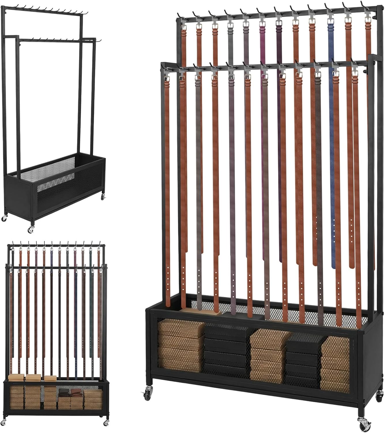 Generic 2-Tier Large Capacity Men Tie Display Stand Organizer with Wheels & Hooks Floor Standing Belt Display for Retail & Home Use