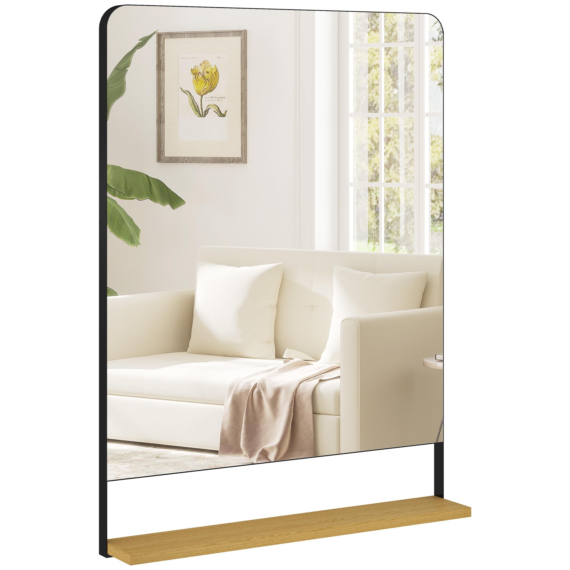 HOMCOM Espejo pared con estante madera 80x60 cm Marco metálico negro | Espejo rectangular, para entrada, salón, baño