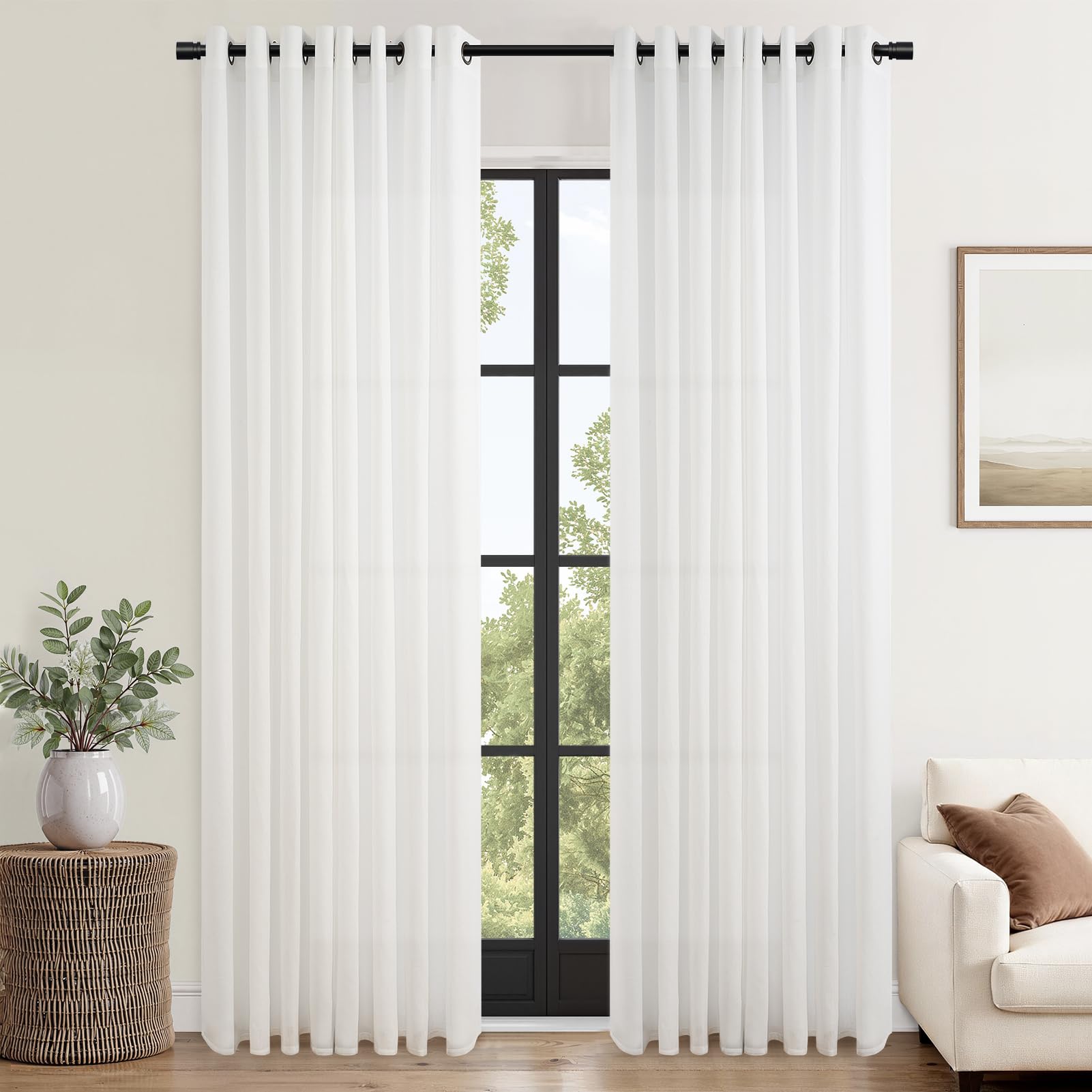 Topfinel Leinen Weiß Halbtransparent Vorhang Wohnzimmer Schlafzimmer, Leinenoptik Vorhänge mit Ösen H 225 x B 140 cm, Boho Gardinen Natural Leinen Baumwolle Voile Stores Gardinen mit Schlaufen 2er Set