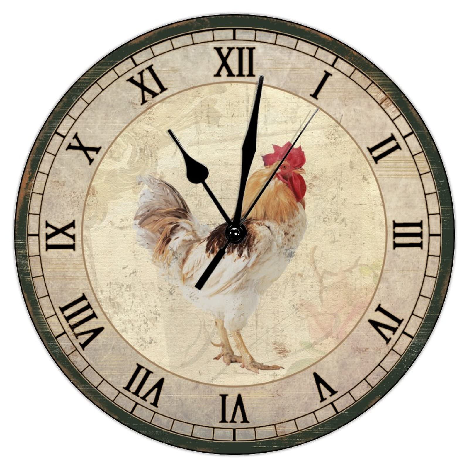 Horloge murale silencieuse en bois style rétro coq et poule
