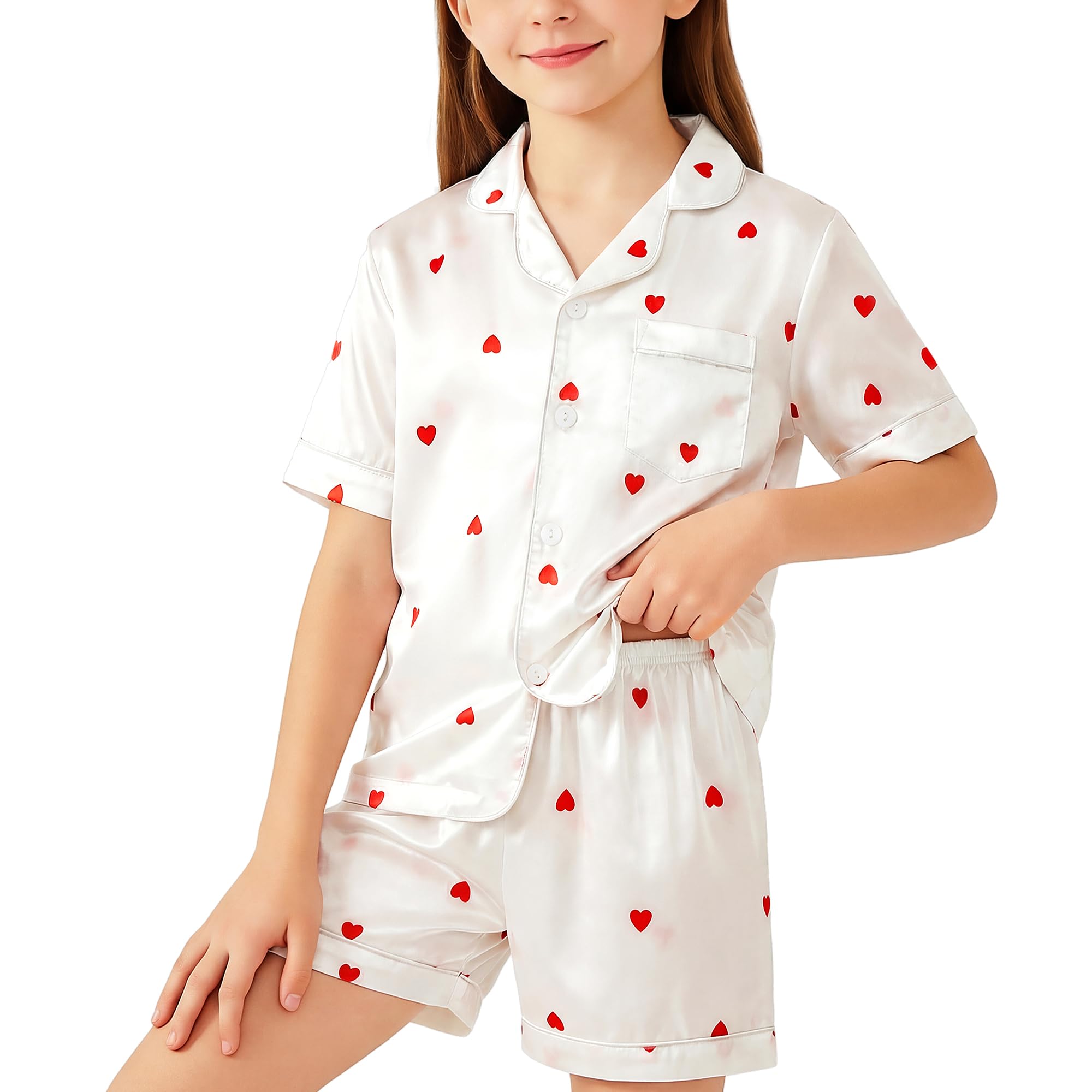 Ragazzi Ragazze Pigiama, Manica Corta Maglietta e Vita Elastica Pantaloni 2 Pezzi Satinato Abbigliamento da Notte, Morbido Leggero Abbigliamento Casa con Bottoni per Bambini 8-13 Anni