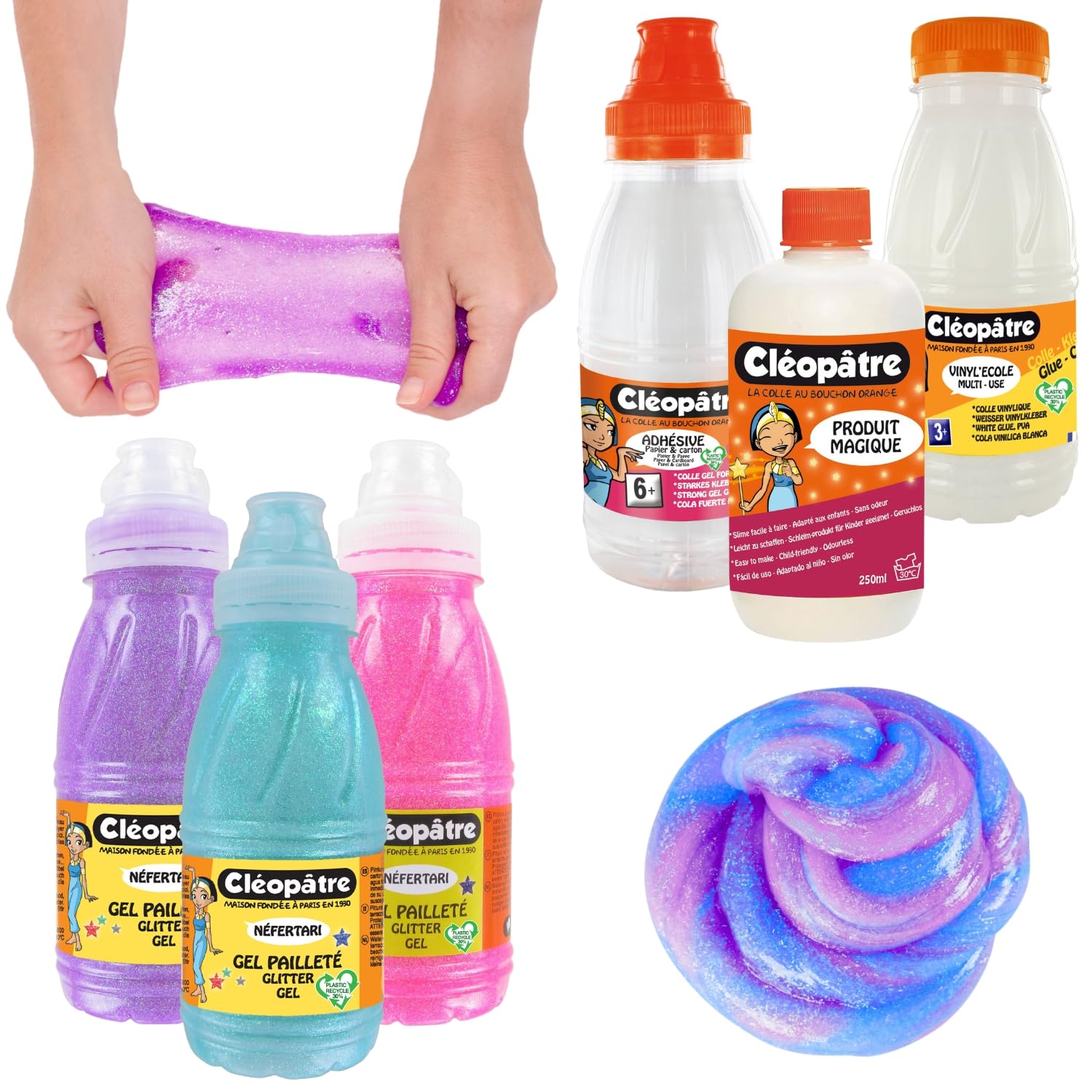 CLEOPATRE – Kit de Slime – Pour Fabriquer du Slime avec Colle Transparente, Colle Blanche, Produit Magique Activateur, Peintures et Paillettes – Lot 6 produits