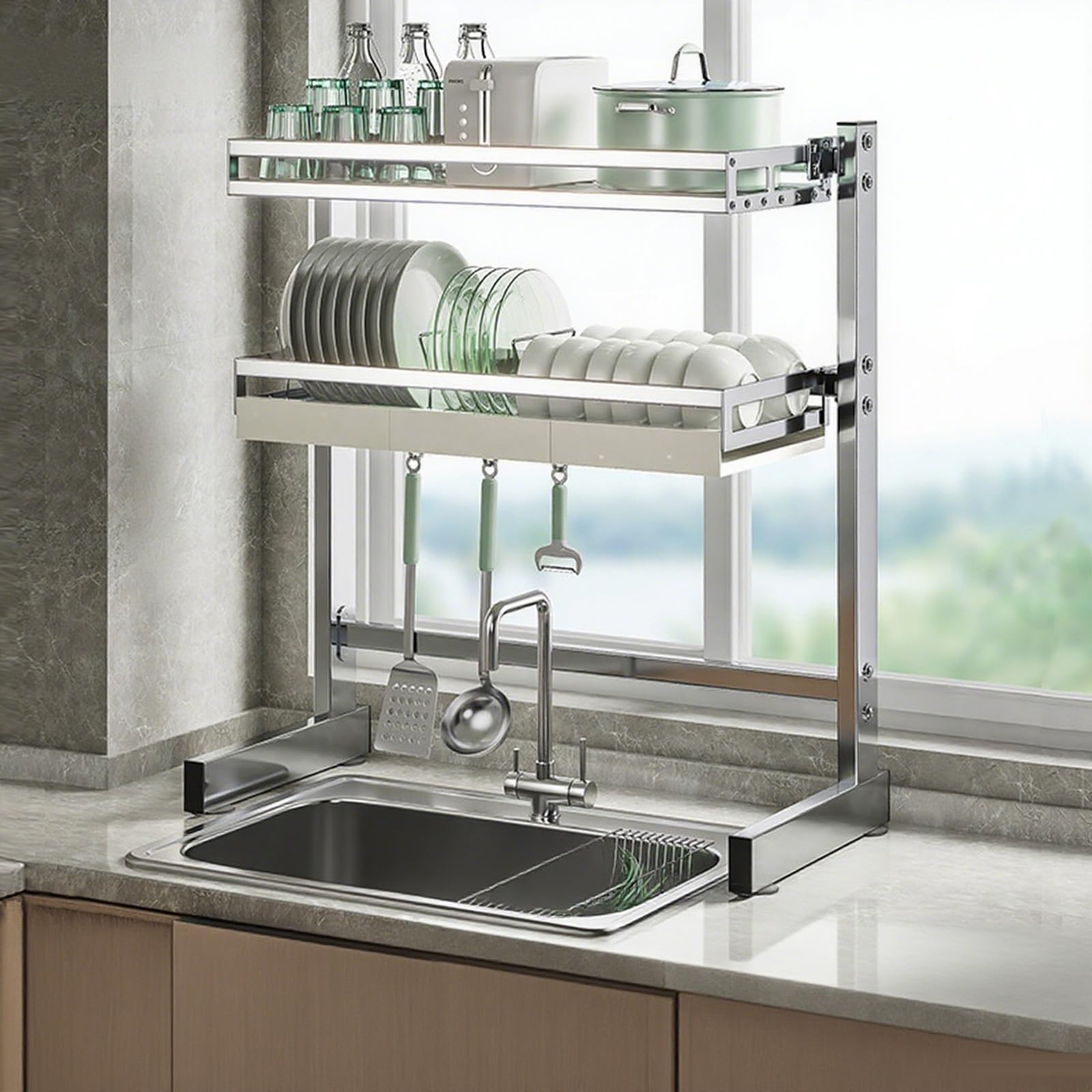 Escurreplatos de cocina de 2 niveles, 25 pulgadas, acero inoxidable 304 duradero, diseño que ahorra espacio, resistente al óxido, ideal para la organización del hogar y la cocina