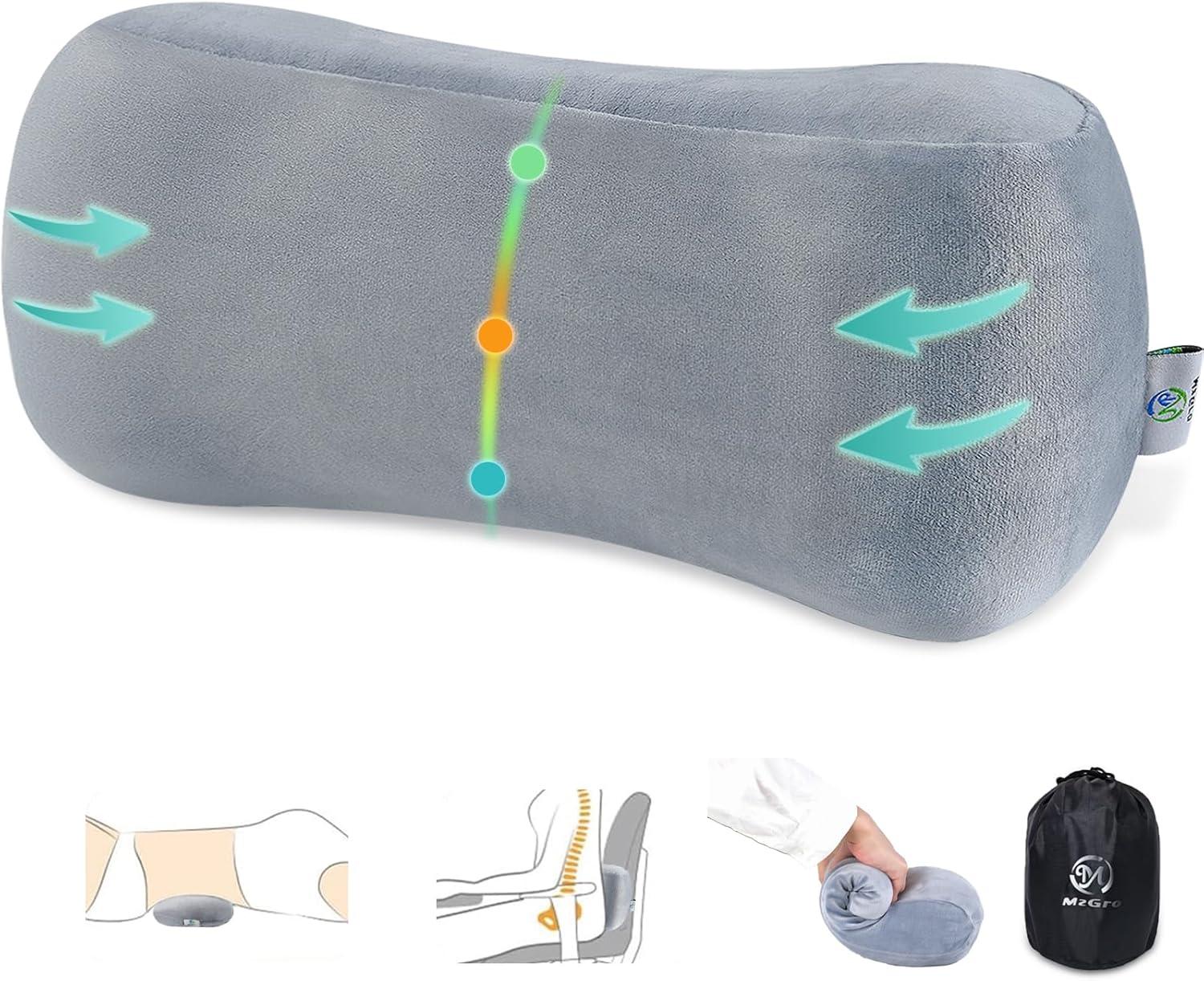 MzGro Back Lumbar Support Cushion for Office Chair – Soft Memory Foam Back Pillow for Back Pain – Bolster Cushion for Long Sitting, Driving, Travel, Bed – Versatile Pillow (Grey)