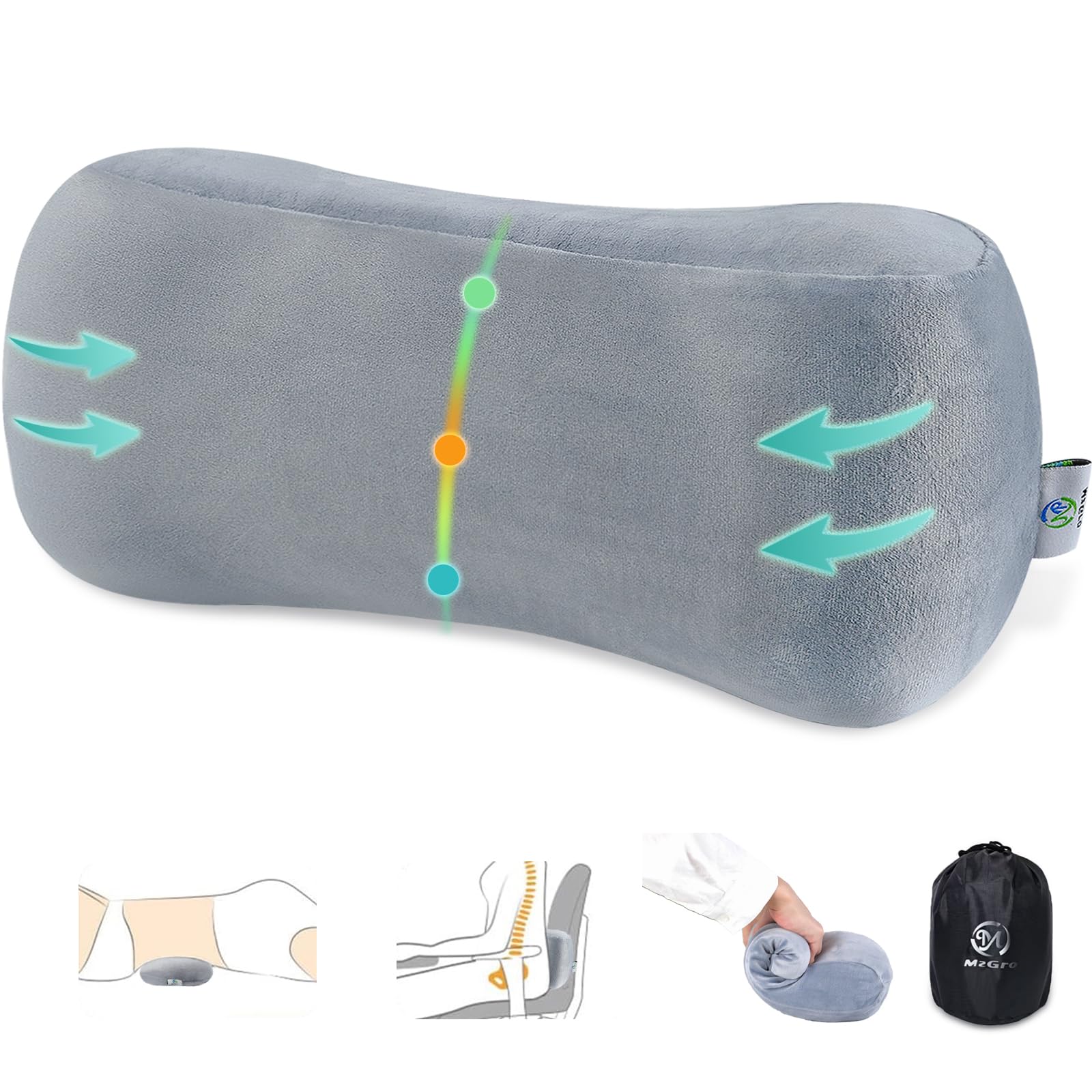 Back Lumbar Support Cushion for Office Chair - Soft Memory Foam Back Pillow for Back Pain - Bolster Cushion for Long Sitting, Driving, Travel, Bed - Versatile Pillow (Grey)