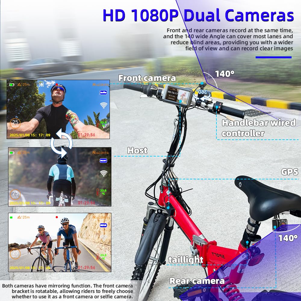 VSYSTO Fahrrad Kamera, WiFi GPS 4 Zoll Bildschirm 1080P Selfie und Hinterkamera Fahrrad Spiegel Dash Kamera, asistierter Fahrmodus, verdrahteter Controller, Temperatur und Kalorienanzeige (F3)