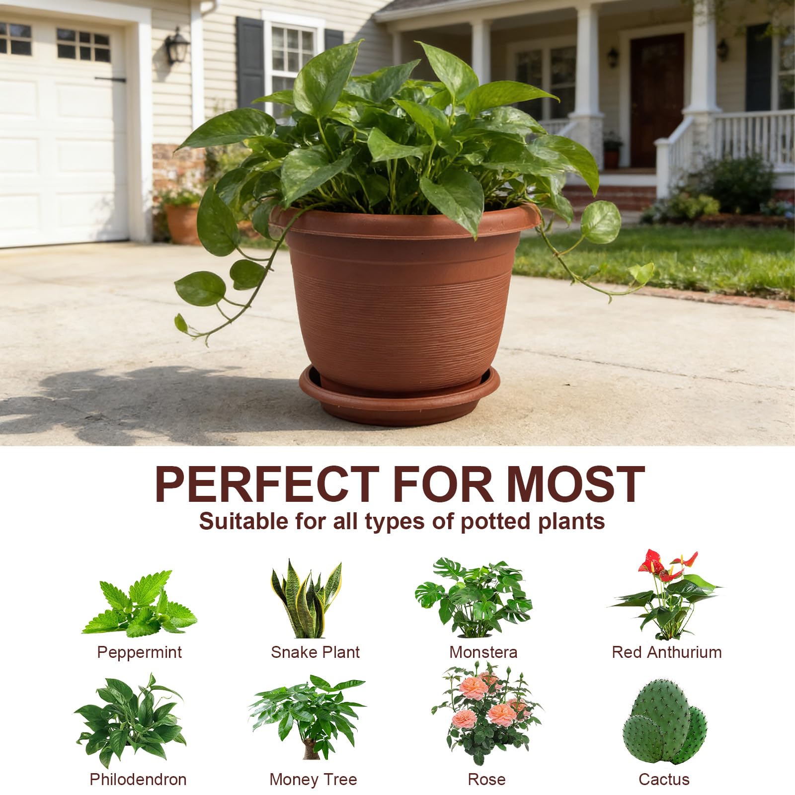 6Pack 15.5cm/6.1-in Plant Pots Indoor Plastic Flower Pots with Drainage Holes and Saucers Modern Decorative Planters Succulent Indoor Outdoor Plants - Terracotta - 4