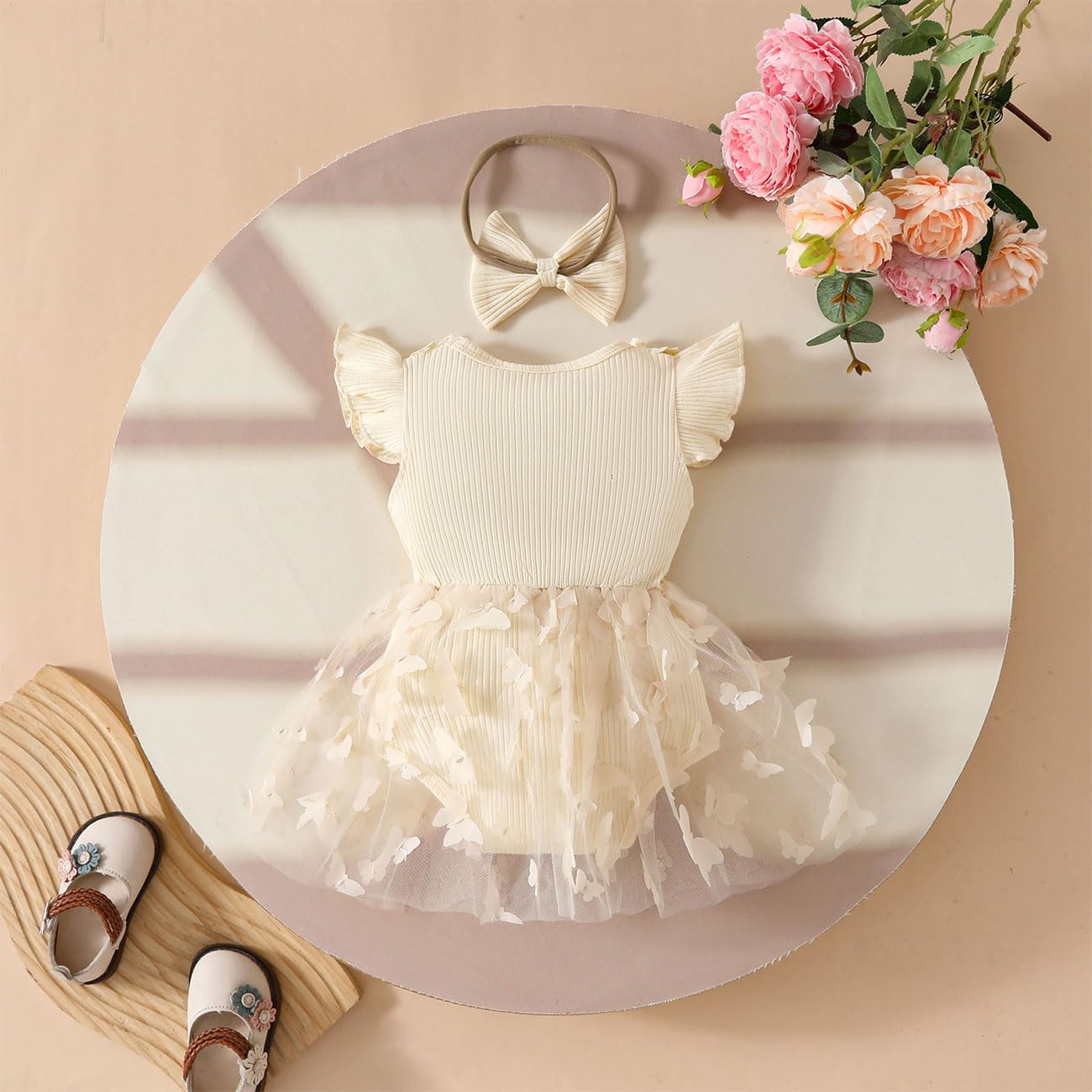 Vestito Tutina per Neonata, Abito in Tulle con Ricami 3D a Farfalle Senza Maniche con Volant + Set Cerchietto con Fiocco, Abbigliamento Estivo Autunno per Neonate, Beige/Rosa 0-18 Mesi