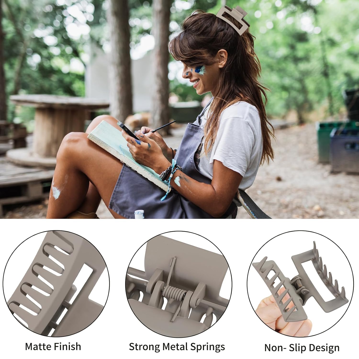 Square Hair Clips 3.5 Inch Medium Claw Clips Rectangle Hair Claw Clips 6 Pack Rubber Paint Jaw Non-Slip Thick Hair Accessories for Women Girls -Neutral image 4