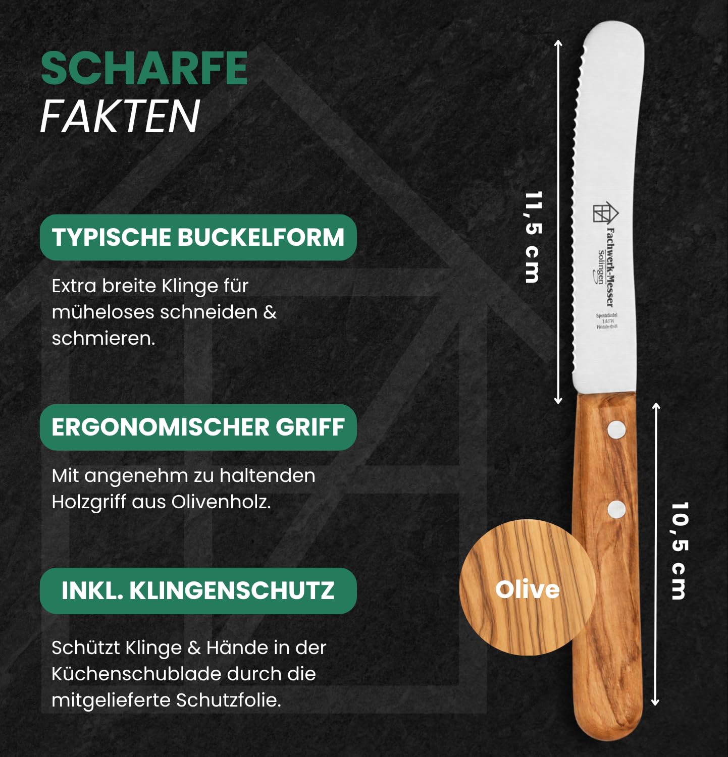 Buckelsmesser 6er-Set mit Wellenschliff - Testsieger - Frühstücksmesser aus Solingen/Germany - Brötchenmesser/Brotzeitmesser Olivenholz