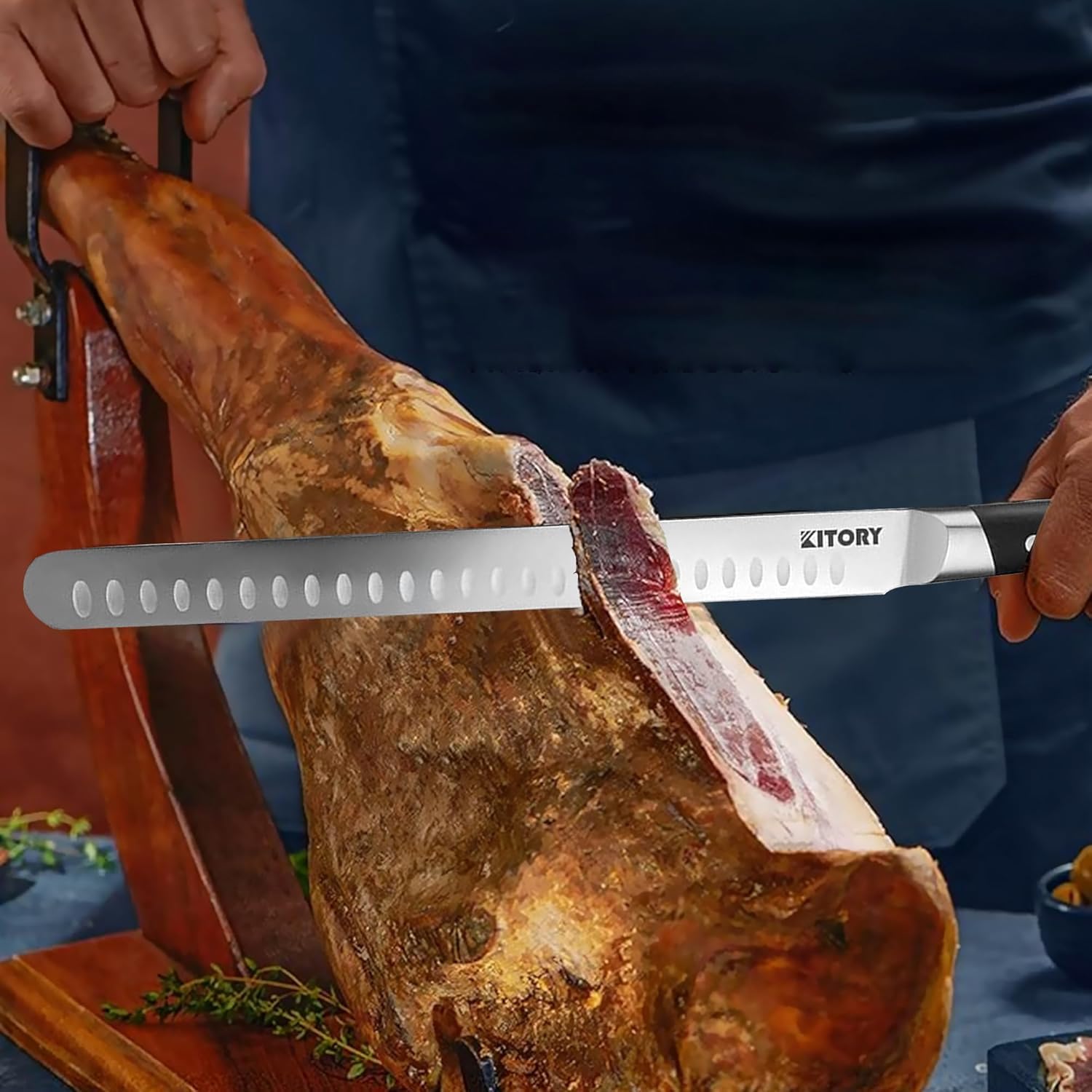 Kitory Couteau à Jambon 30 cm, Couteau à Découper Professionnel, en acier inoxydable allemand de haute qualité, avec manche ergonomique en bois de pakka, livré dans un coffret cadeau
