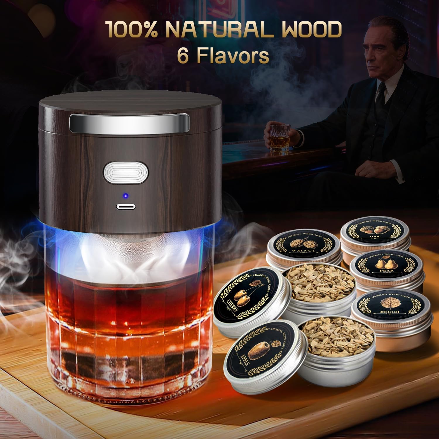 Electric Whiskey Smoker Kit with 6 Flavor Wood Chips, Old Fashioned Whiskey Gift Set, Cocktail Drink Smoker Kit Home Bar Accessories Tools, for Dad