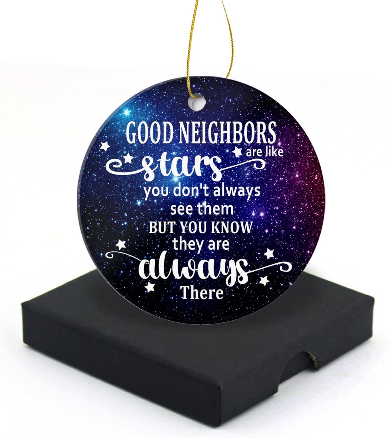 Good Neighbors are Like Star Christmas Ornament 2025 Round Christmas Tree Ornaments Keepsake Gifts for Neighbors Home Decor Flat Circle Ceramic Ornament 3inch with a Gift Box