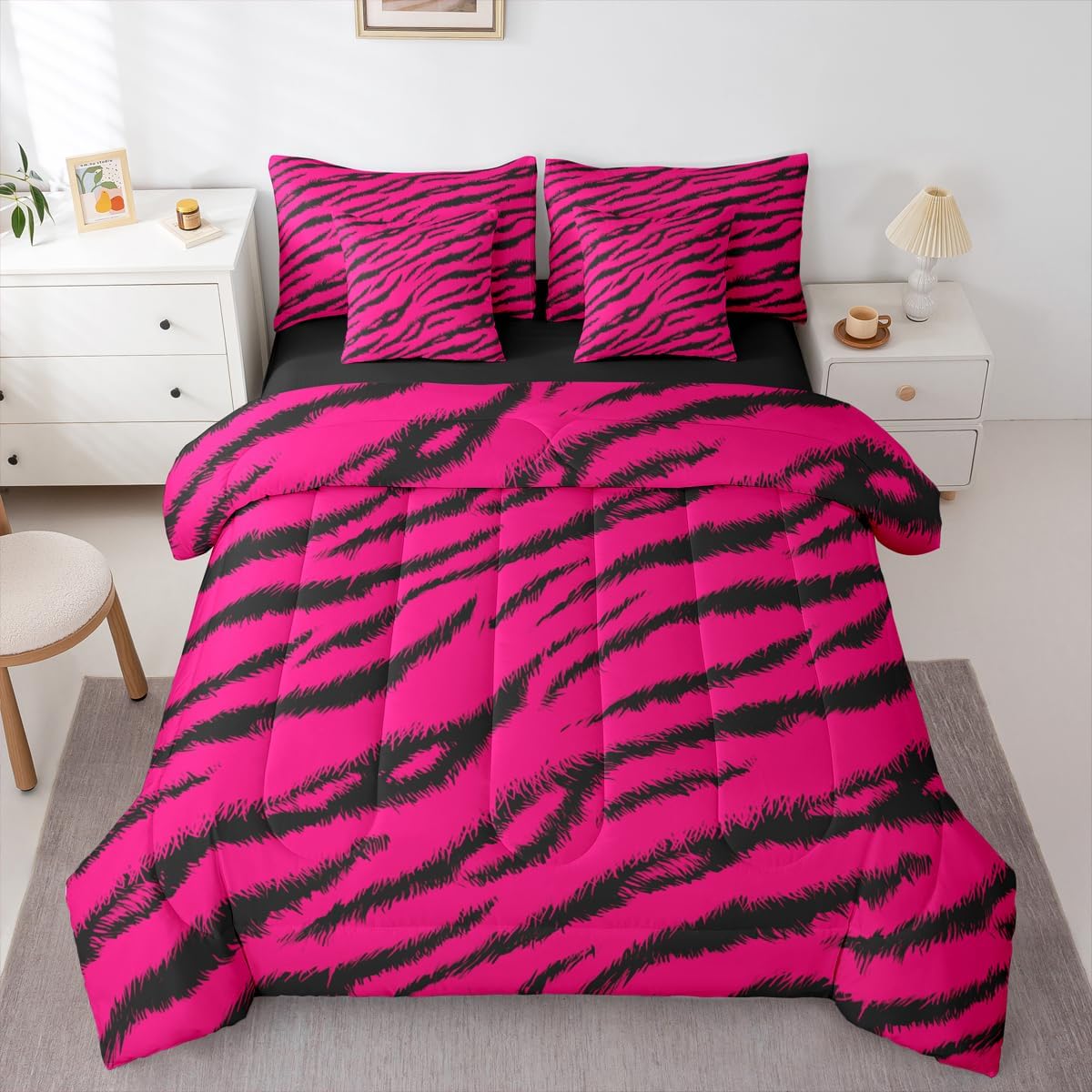 jejeloiu Zebra Stripes Comforter Set Full Size 7 Pieces Leopard Print Bedding Set Zebra Leopard Fur Bed in a Bag with Comforter, Sheets, Pillowcases, Cushion Covers Bedroom Decor Hot Pink