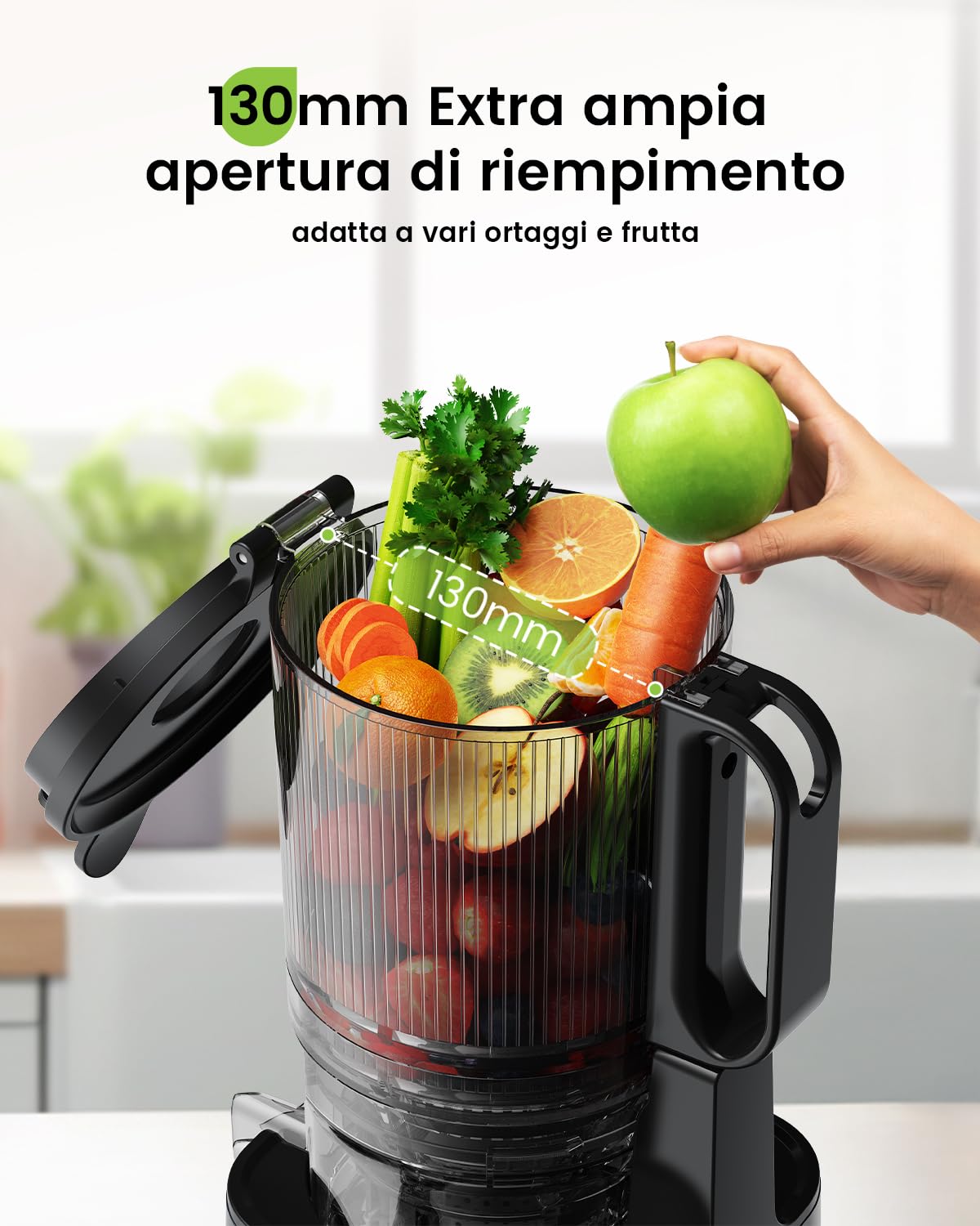 Slow Juicer, spremiagrumi da 130 mm e contenitore da 1,8 l, spremiagrumi a freddo per frutta e verdura intera, facile da installare e pulire, senza BPA