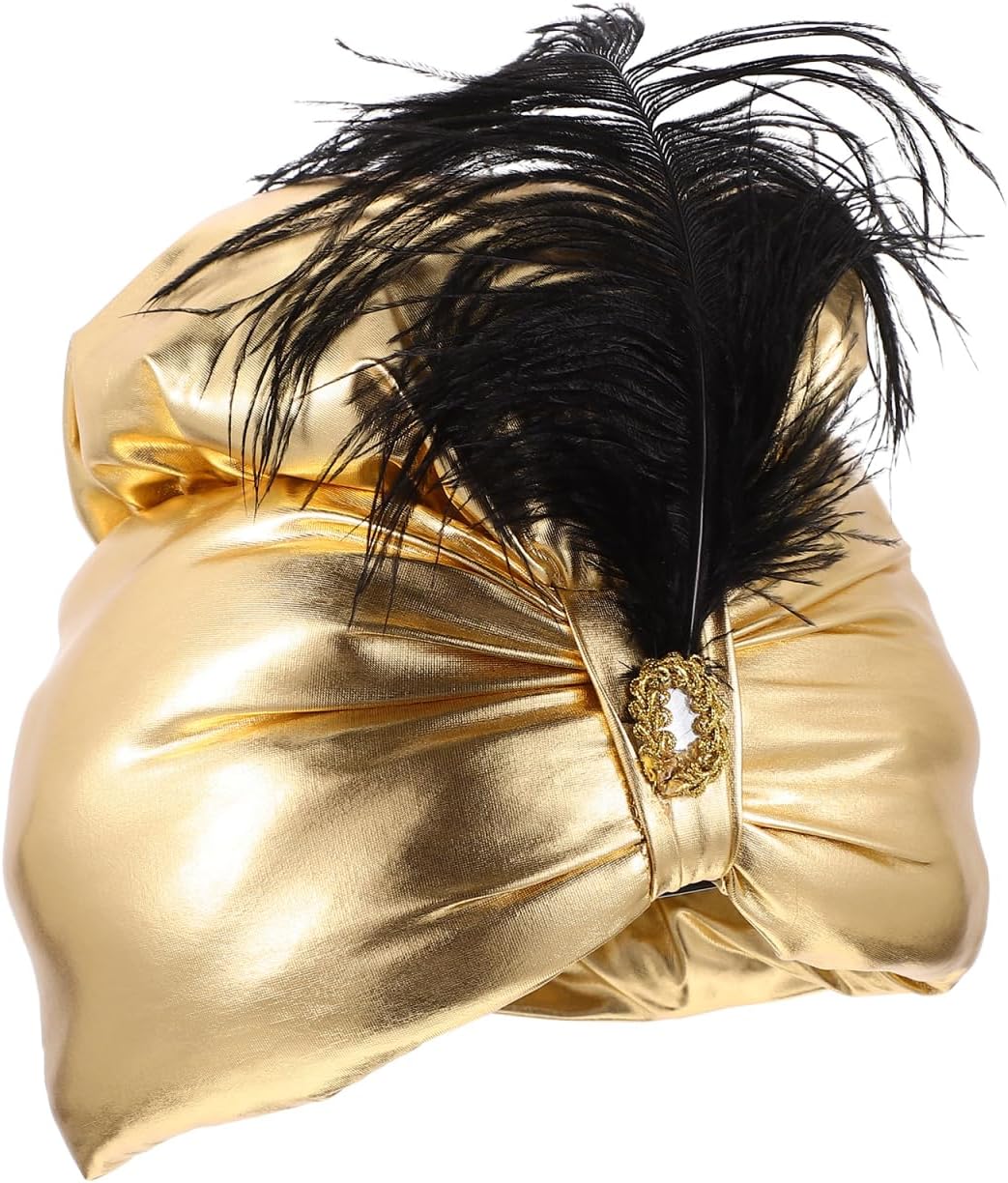 Arab India Hat Golden Turban Hat Prince Headdress Costume Arabian Cap Plume Decor Arabic Headwrap for Men Women Cosplay Fancy Dress