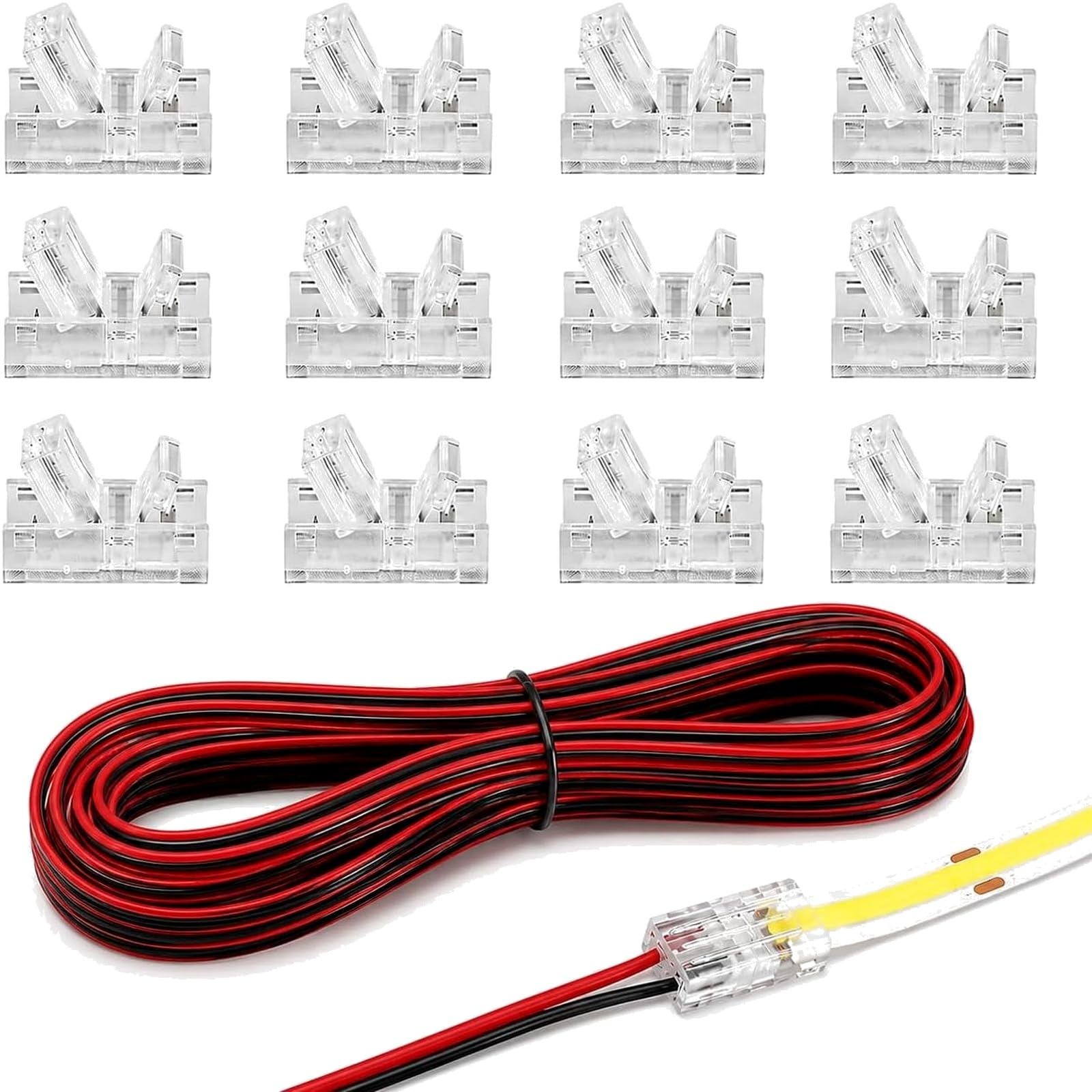 12 PCS 2 Pin 8mm COB LED Strip Connectors with 16.4ft 22 AWG Extension Cable, Waterproof Solderless Strip to Wire Quick Connection for 5V 12V 24V Cabinet and DIY Lighting