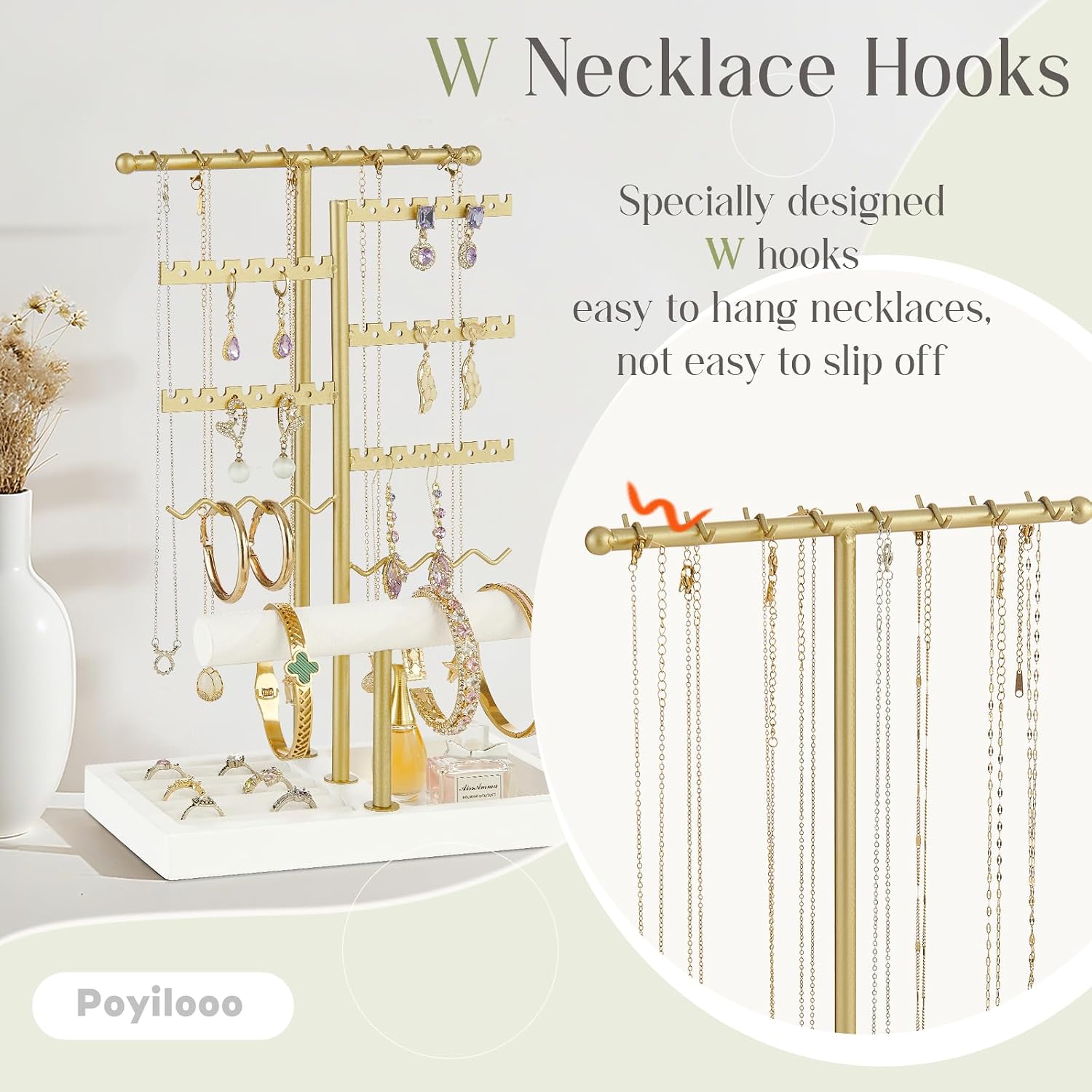 Poyilooo Earring Holder Jewelry Stand, 3 Tier Jewelry Organizer WhiteGold
