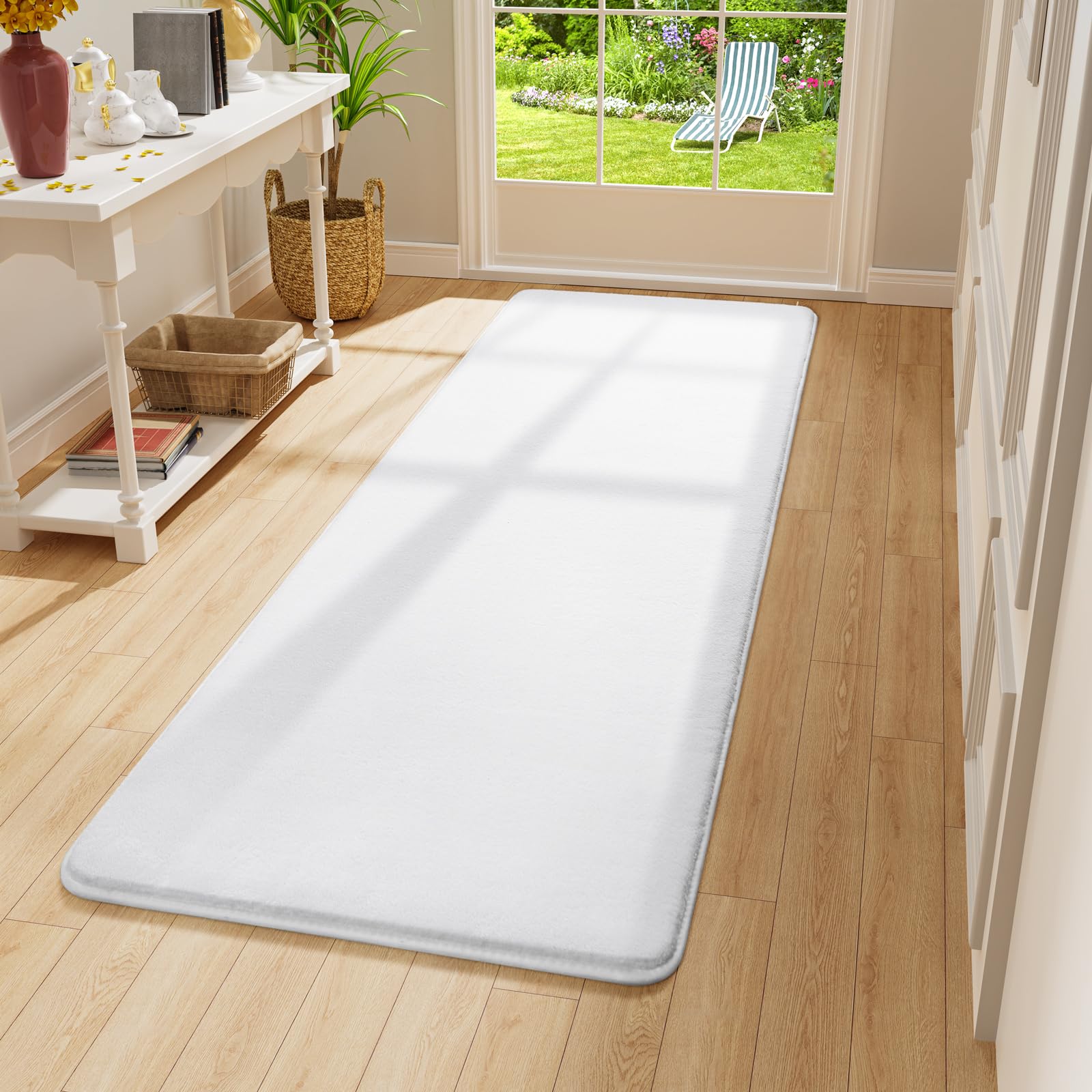 Amearea Modern Soft 2x6 Runner Rug for Hallway, White Fluffy Rug Bedroom Bedside Rugs, Non Slip Washable Memory Foam Carpet for Entrance Kitchen