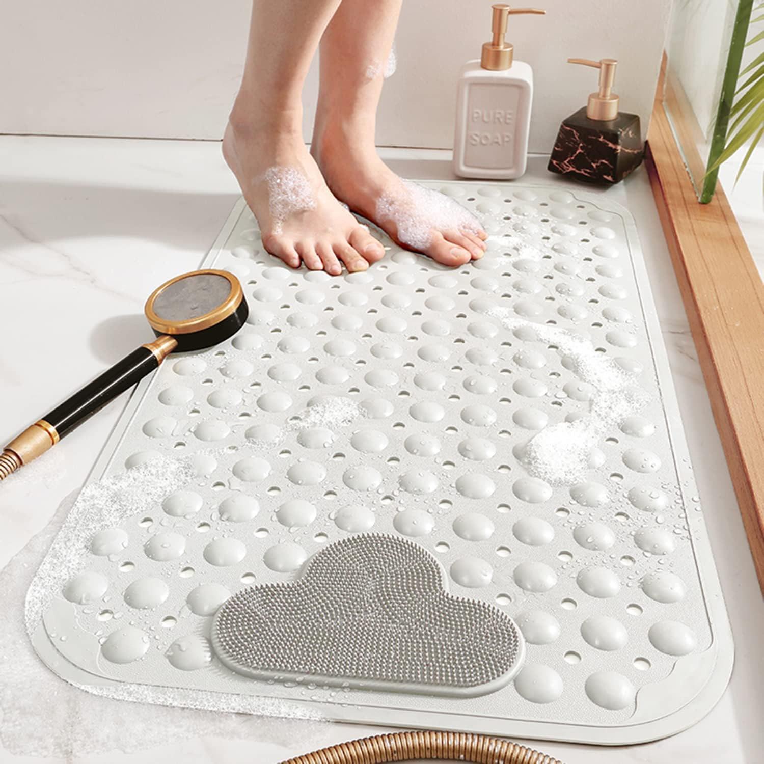 Ylevol Non Slip Shower Mats Bath Mat with Feet Massage, Eco-Friendly PVC Anti Mould Bathroom Bathtub Mat Floor Massage Bathroom Mat with Suction Cups & Drainage Hole White 16" x 28"/40 x 70cm