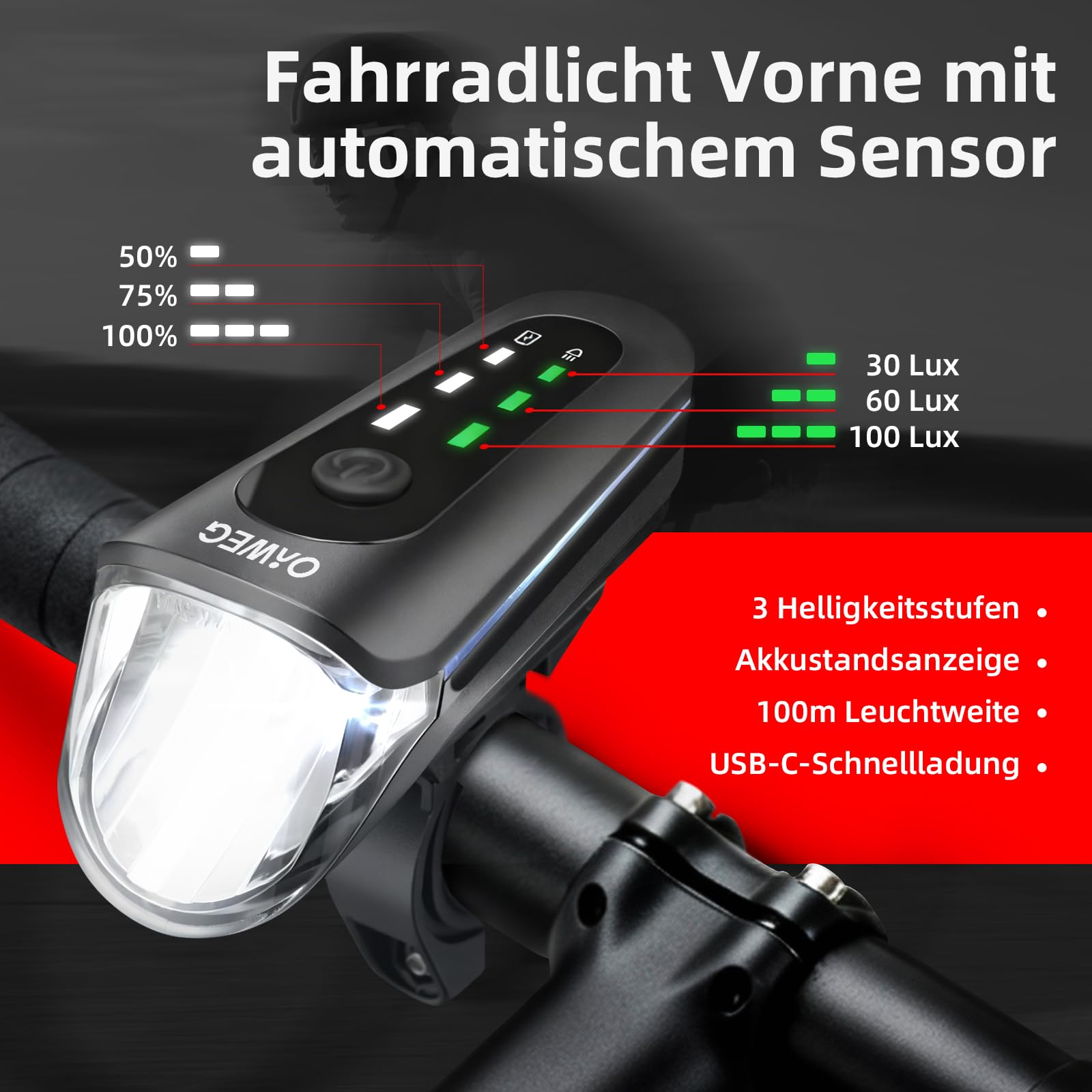 Fahrradlicht Set StVZO zugelassen, 100 Lux Frontlicht mit Auto-Modus, Rücklicht mit Bremslicht blinkend, USB-C aufladbar, Akkuanzeige, IPX4 spritzwassergeschützt, einfache Montage