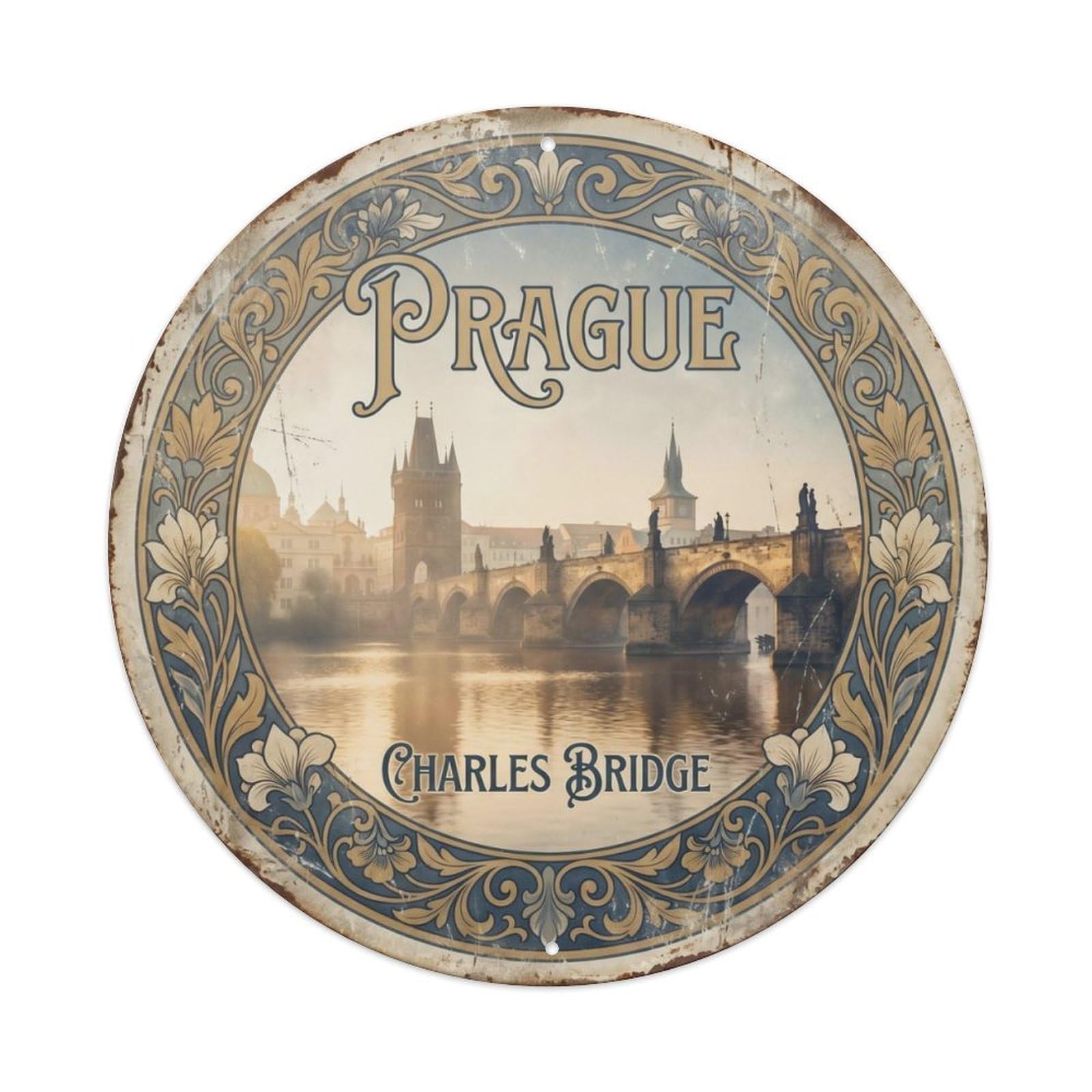 Vintage Travel Prague Bridge Bohemian Metal Tin Sign Plaque Wall Decor for Cafe, Club Bar, Office, Home Garden Round Metal Poster 8x8Inch
