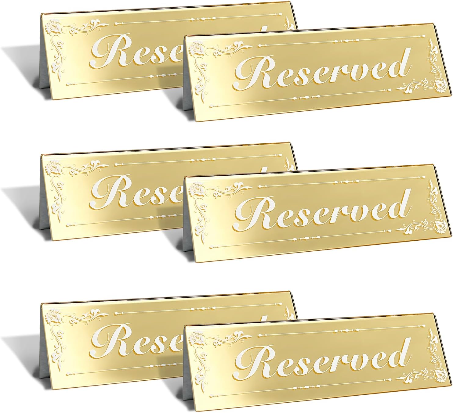 6 Pcs Gold Reserved Table Signs - 6"x2" Double-Sided Acrylic Tent Cards | Mirrored Finish Place Cards for Weddings, Restaurant Banquet Markers, Ceremony & Party Table Holders, Event Signage Supplies