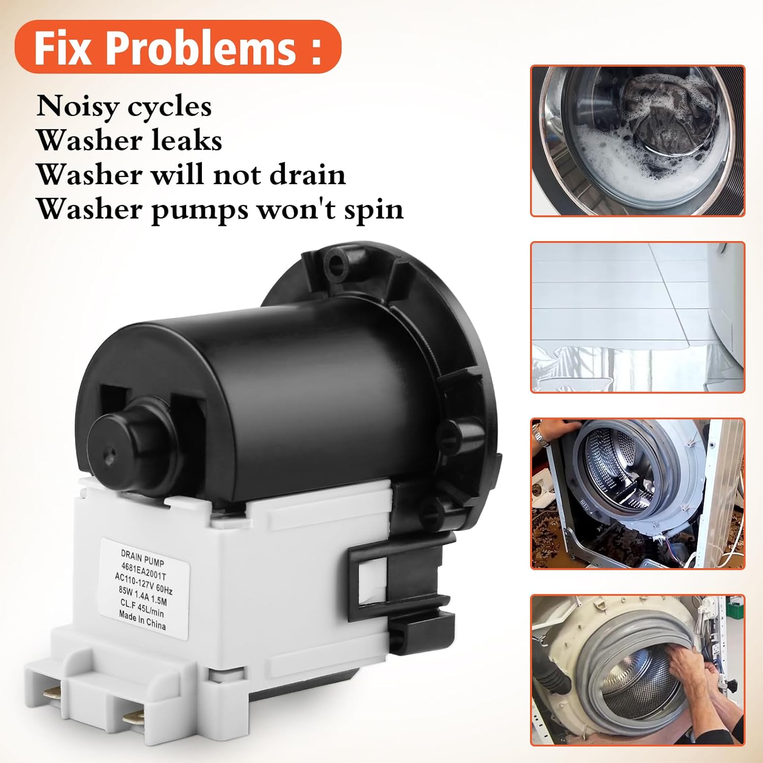 4681EA2001T Washer Drain Pump Motor Replacement for LG & Kenmore Front Load Washing Machines - Compatible with WM2101HW WM3270CW WM3431HS WM3770HVA & More - Replaces AP5328388 4681EA1007G 4681EA1007D