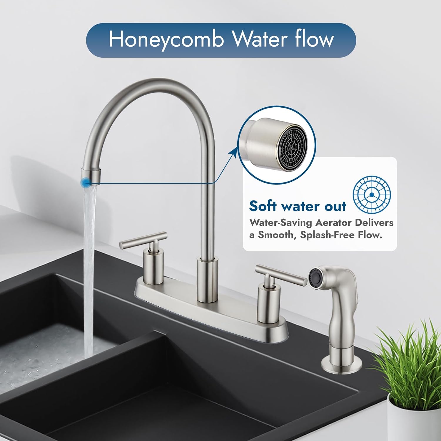 Kitchen Faucets, High Arc 360°Rotating Spout Kitchen Sink Faucet, 2 Handle 8 Inch Centerset RV Kitchen Faucet with Supply Lines, 3 or 4 Hole Kitchen Faucet with Side Sprayer, Brushed Nickel