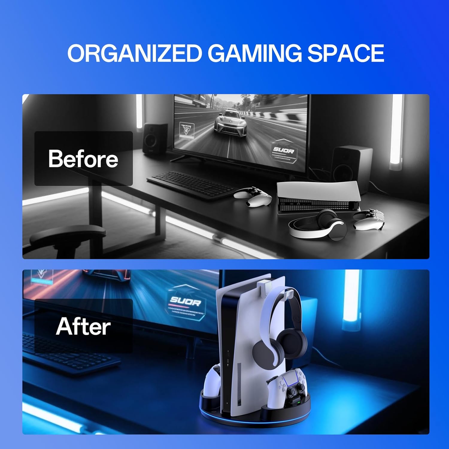 NEWDERY for PS5/Slim/Pro Console Stand, with Dual Charging Station for PS5 Controllers, Adjustable RGB Light, for PS5 Controller Charger Stand - Black - Image 6