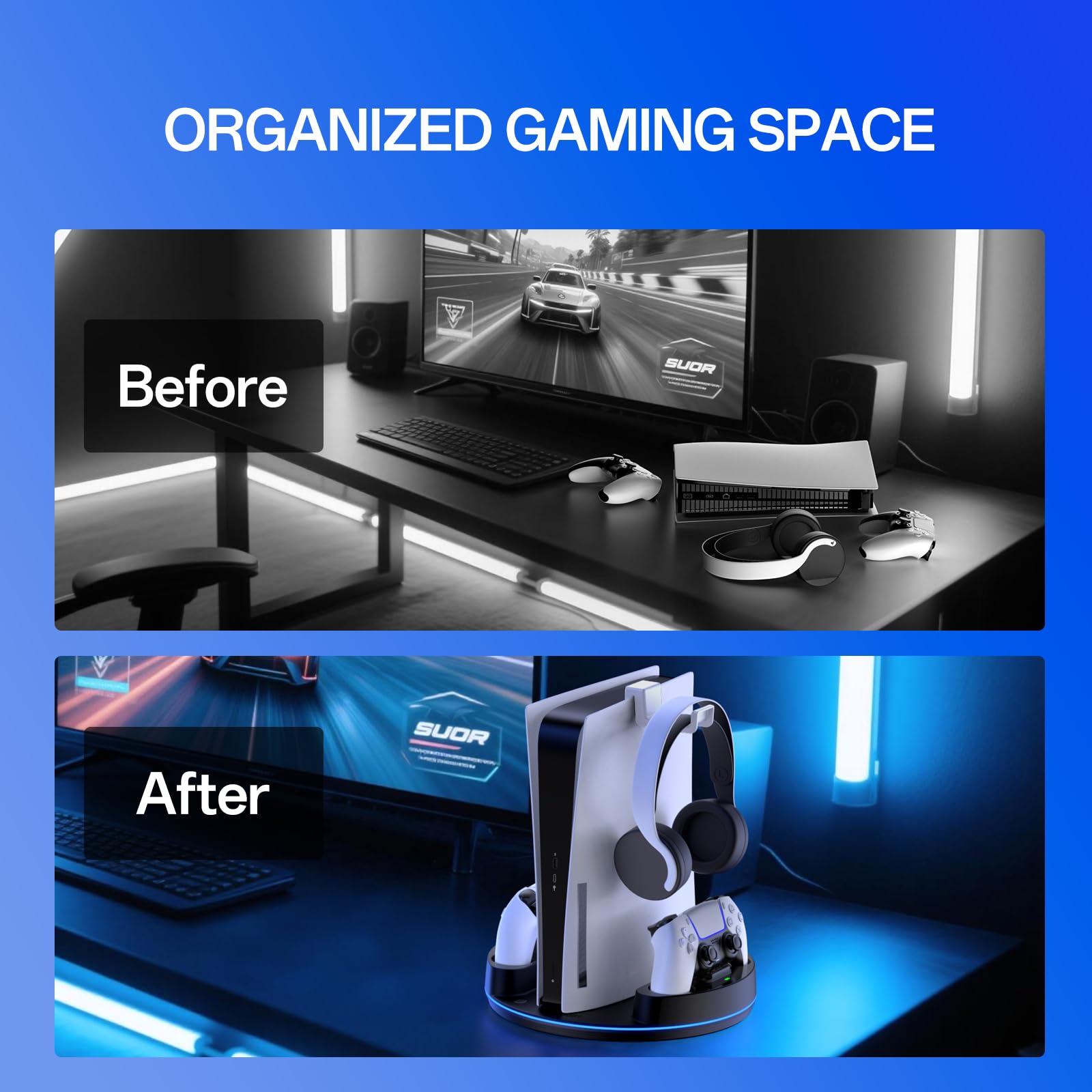 NEWDERY stojak do PS5/PS5 Slim /PS5 Pro, stacja ładująca z podwójnym kontrolerem ze światłem RGB, pionowy stojak do konsoli cyfrowej Playstation 5, czarny