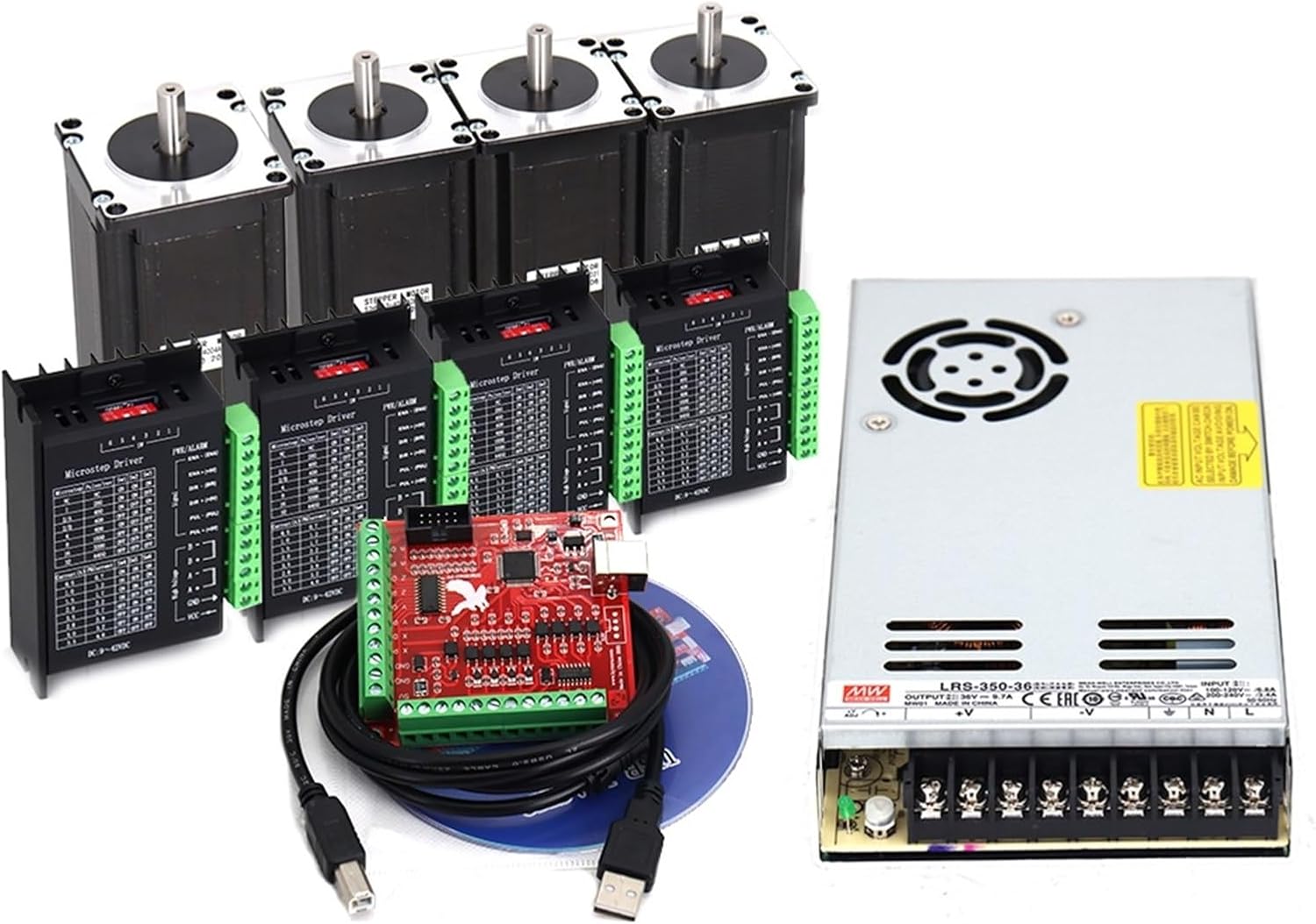 Nema23 3A 3N.M 4-Axis Router Kit 57HS112 Stepper Motor+TB6600 Controller+350W Power Supply+USB Controller Card(6.35mm Single)
