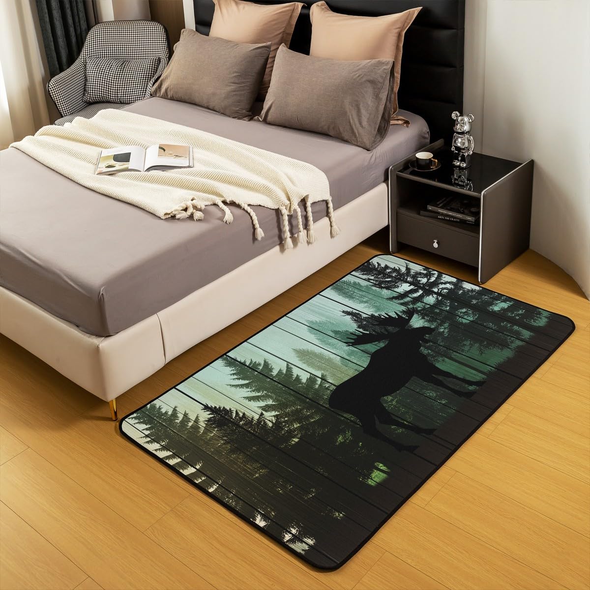 Homewish Dywan łosia 100 x 150 cm, rustykalny dywan leśny sosnowy, nadruk dzikiej przyrody zwierzę wewnętrzna mata podłogowa, vintage drewniana deska dekoracyjny dywan do pokoju zabaw akademika