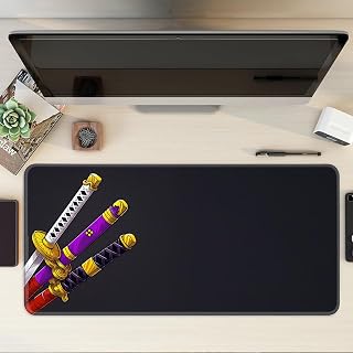 JIGARI Anime Theme Printed XL Extended Stich Edge Mousead | Smooth Surface Gaming Mousepad with Anti-Slip Rubber Base | 3mm Thick - 11 x 23 Inch (One Piece Swords (P116))
