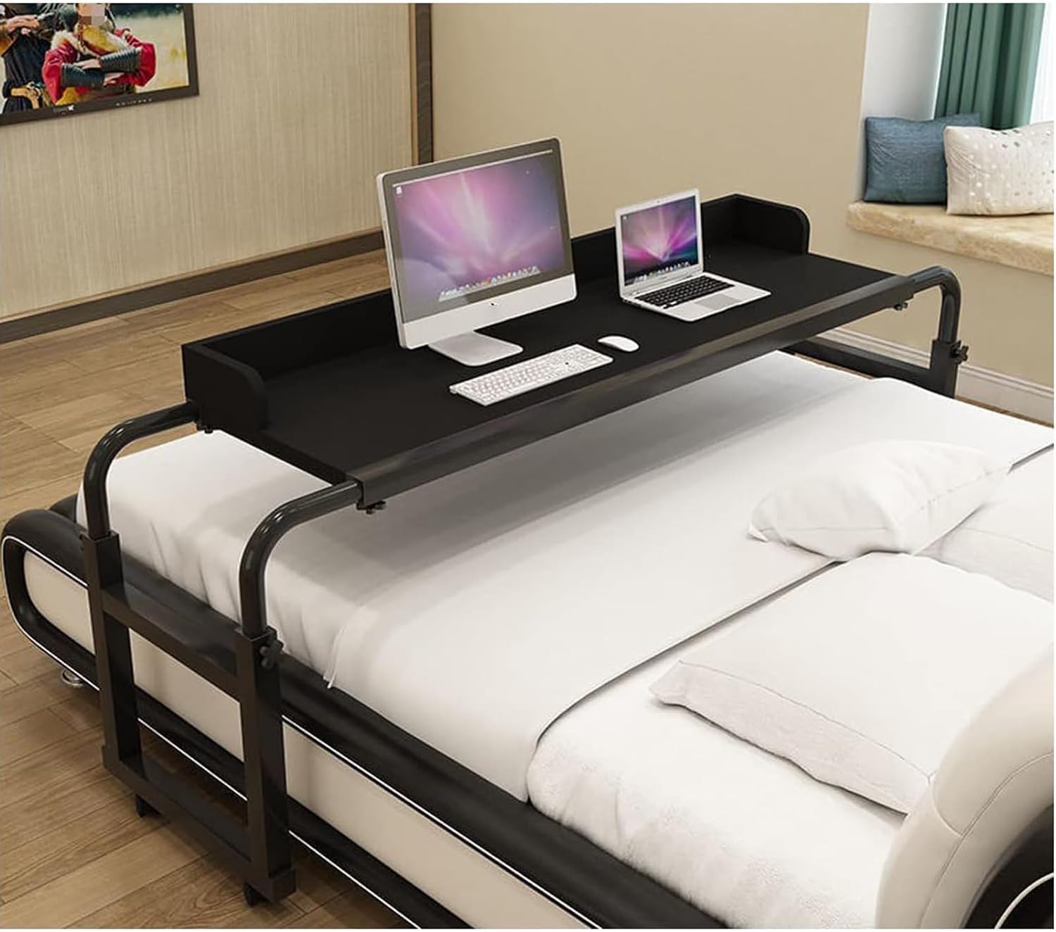 Tavolo da Letto per Laptop, Tavolo Mobile sopra Il Letto, Tavolo per Computer con Ruote, Altezza Regolabile, postazione di Lavoro in Piedi, Vassoio per Alimenti, scrivania per Mangiare a Let