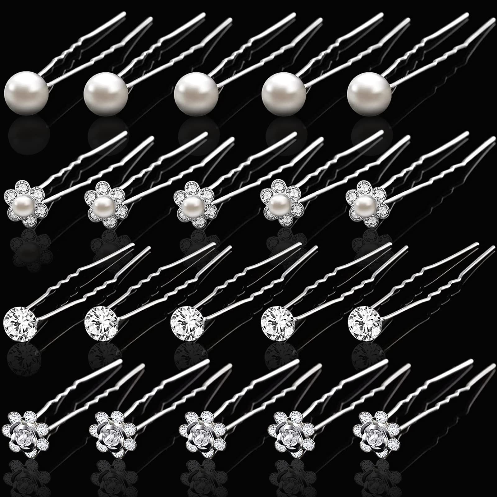 20 Pcs Wedding Hair Pins for Bride, Gingbiss U Shape Bridal Hair Clips, Silver Rhinestone Pearl Hair Pins for Brides Bridesmaids Women Girls