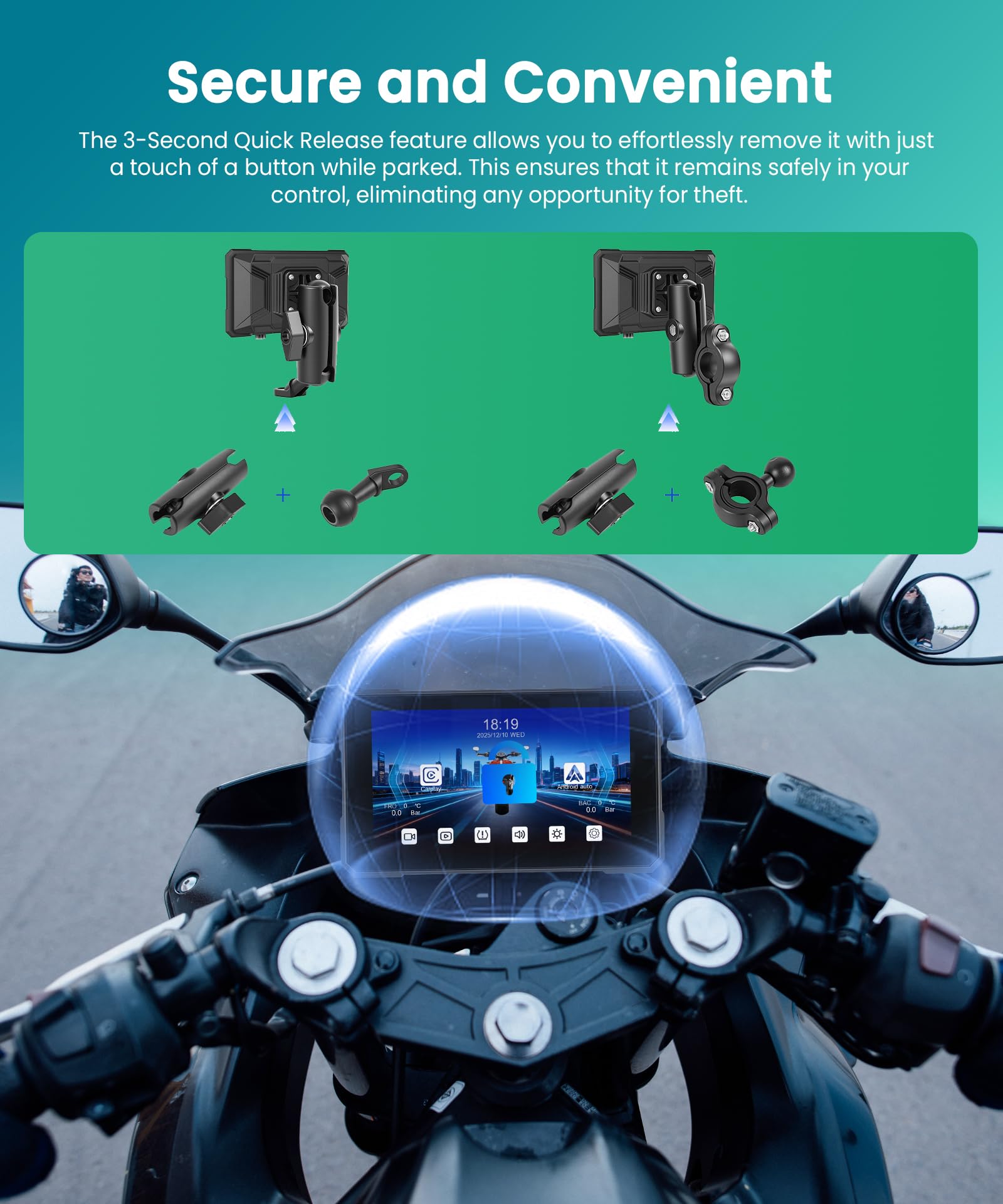 VECHTEL Motorrad Navi mit Zwei Kameras per Moto, 5'' HD Touchscreen GPS Navigation für Motorrad mit Kabelloses CarPlay und Android Auto DVR IP68 Wasserdicht Bluetooth EQ Assistente Siri/GOO-gle TPMS