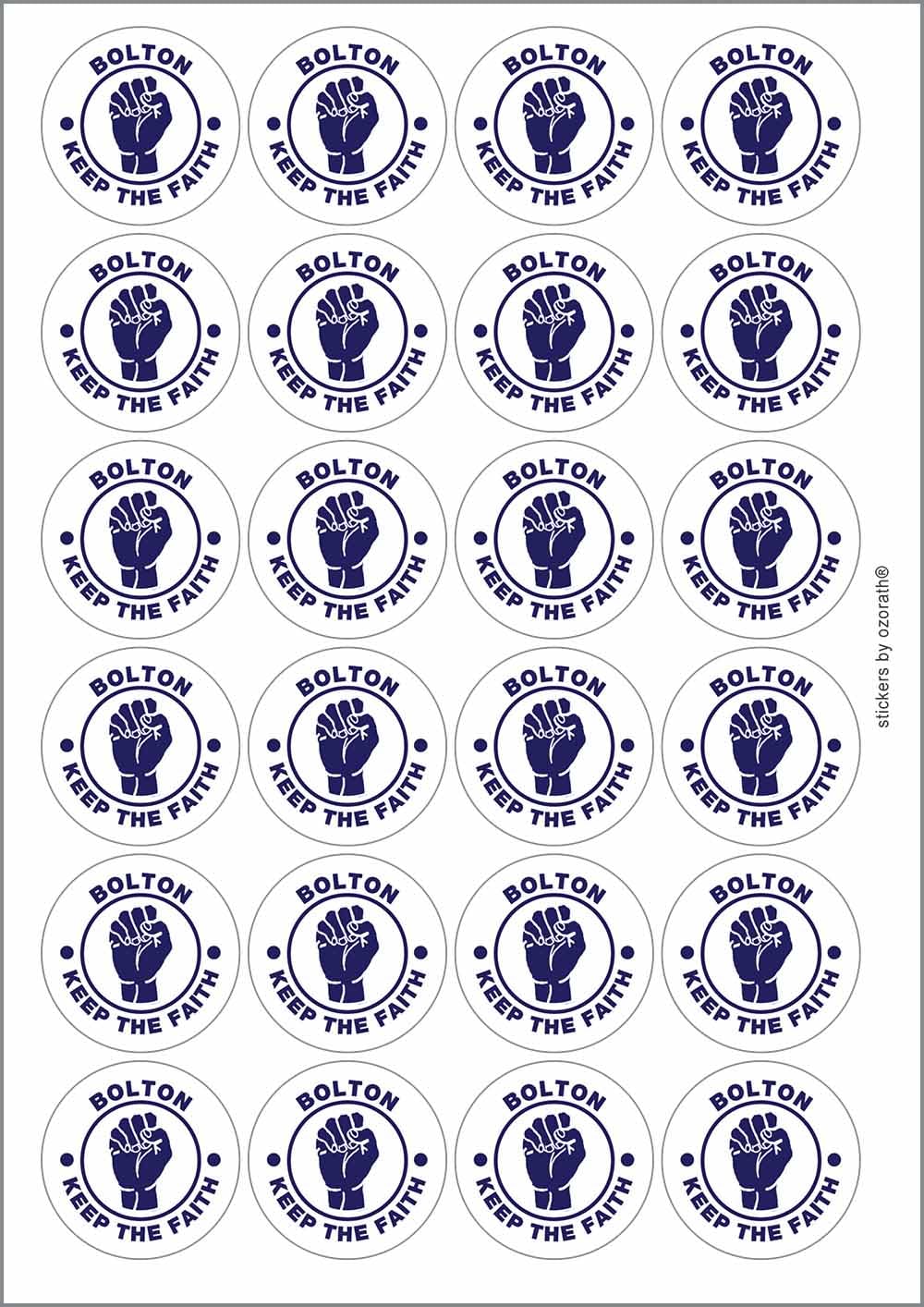 Bolton Keep The Faith Northern Soul Circular Matt Paper Stickers A4 Sheet of 24 (Each Sticker is 45mm Diameter)