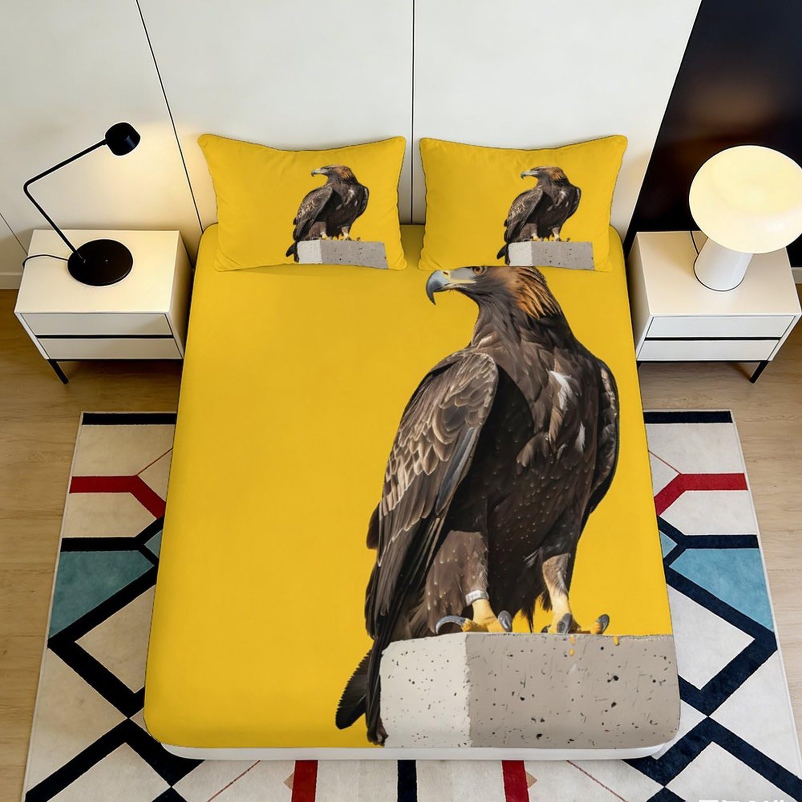 3D Printed Golden Eagle Fitted Sheet Microfiber Soft Durable Yellow Bed Cover for Bedroom Dormitory Guest Room Mattress Protection Decorative 180x200x25cm