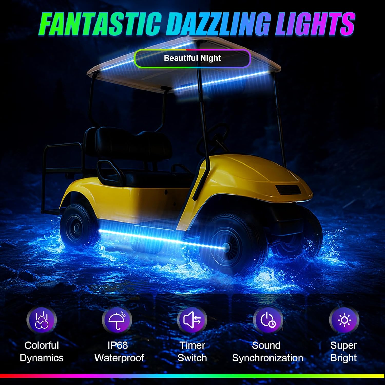 Golf Cart Underglow Light Strip Kit, 9-16V Input Underbody Light Kit for EZGO Club Car Yamaha (6PCS-Golf Cart Underglow Light Strip Kit)