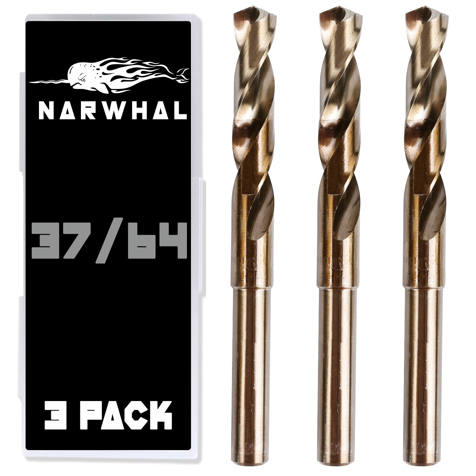 Narwhal 37/64 Cobalt Drill Bits - 3 Pack - 6 Inch Length - M35 Cobalt Drill Bits with Storage Case - Perfect for Metal, Stainless Steel, Cast Iron,